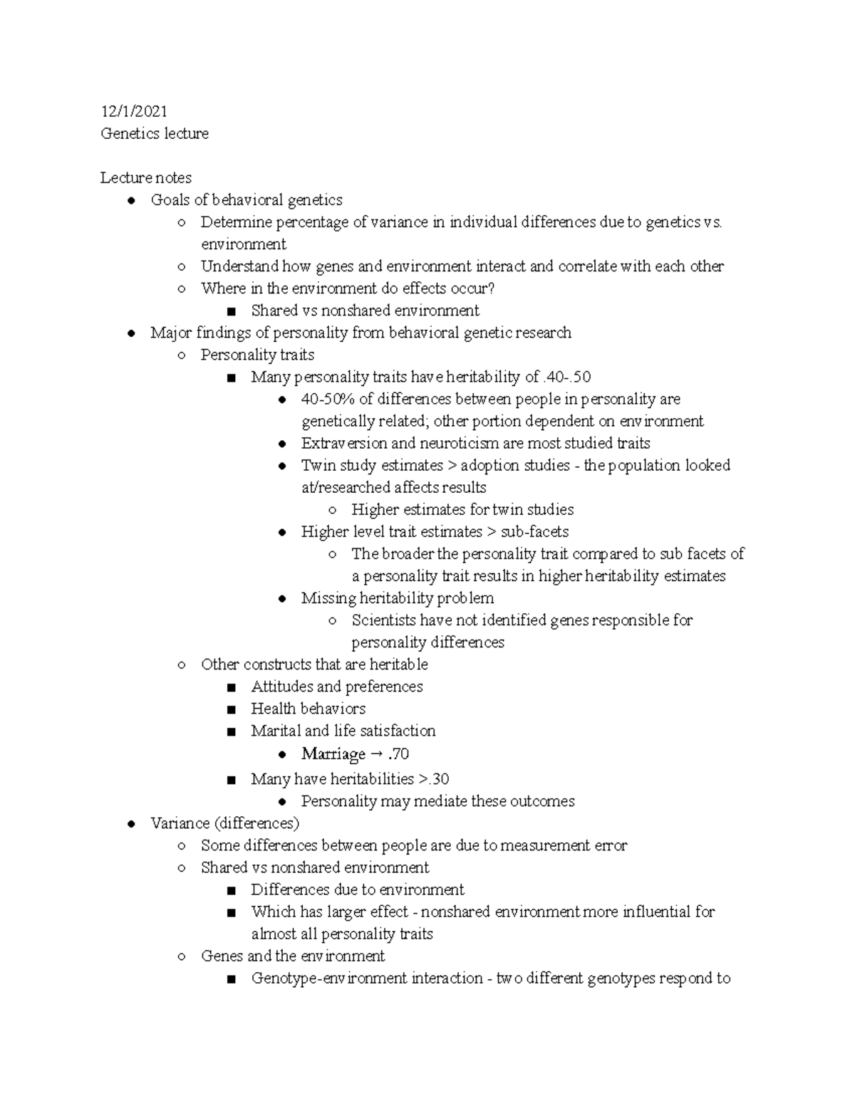 12 1 21 Genetics Notes - genetic influences on behavior and personality ...