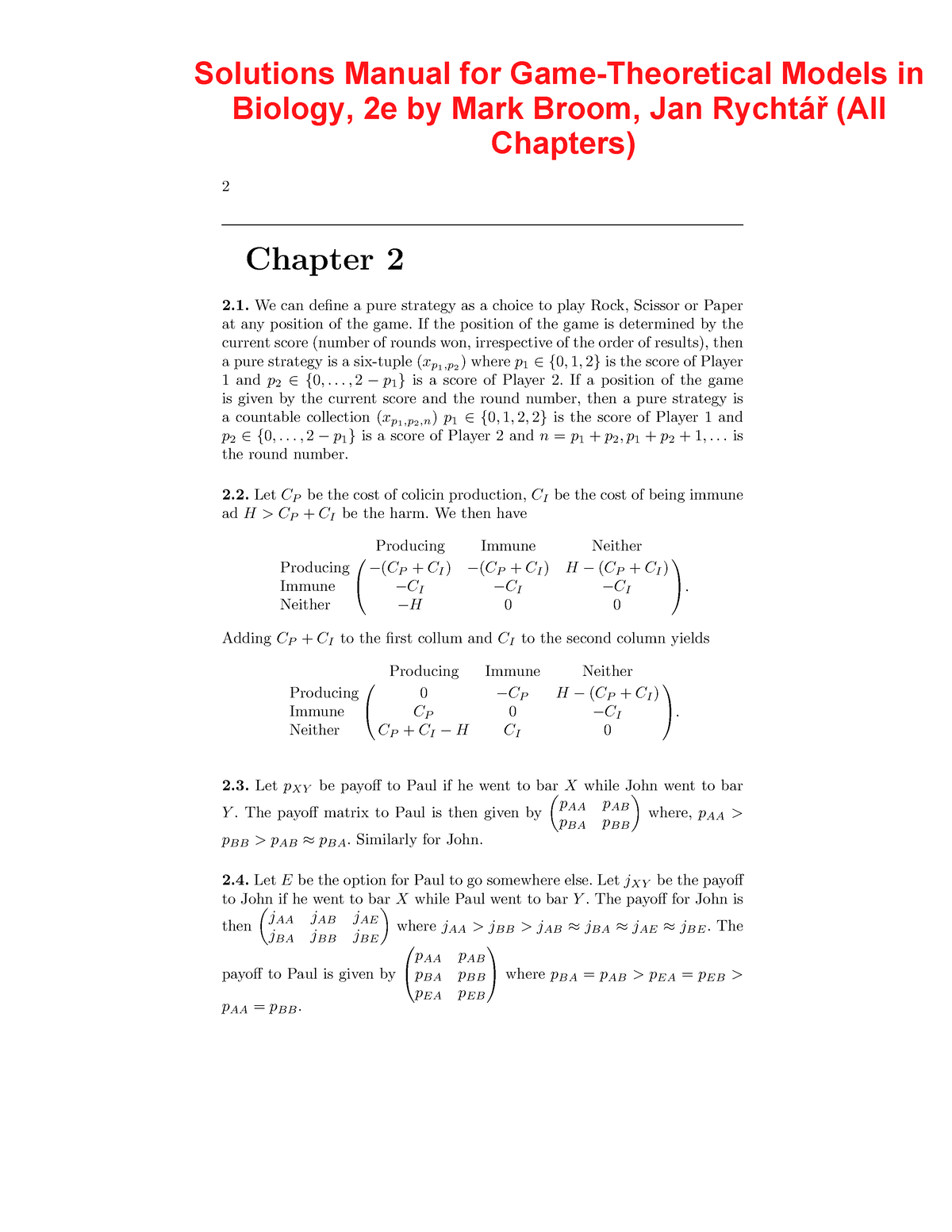 Solutions Manual For Game-Theoretical Models In Biology, 2e By Mark ...