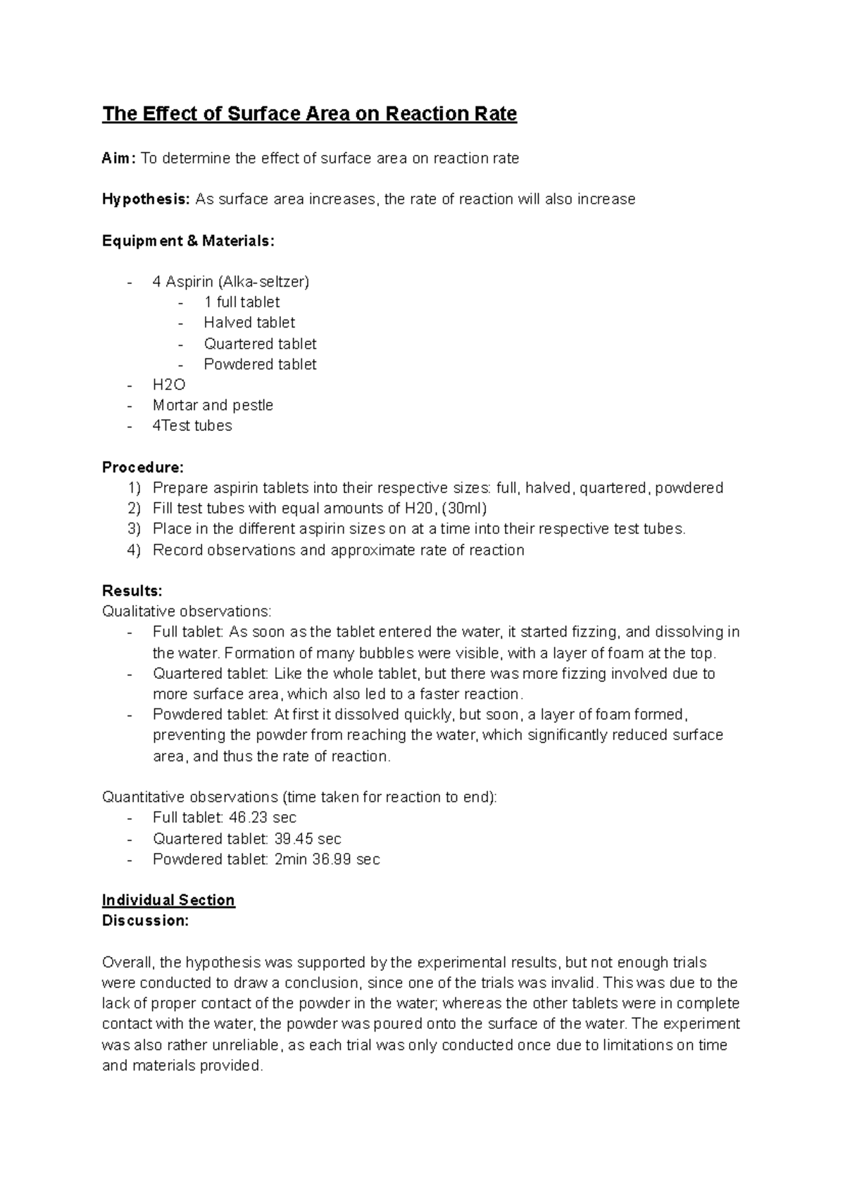 Science Mock SRP - Effect of Surface Area on Reaction Rate - The Effect ...