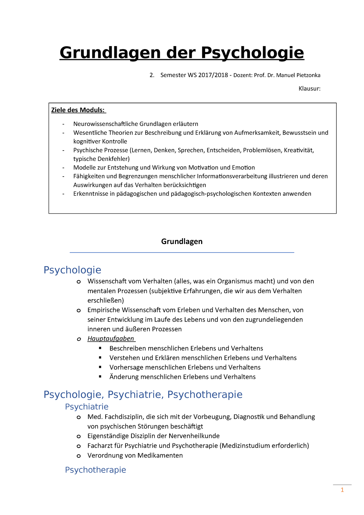 Grundlagen Der Psychologie - StuDocu