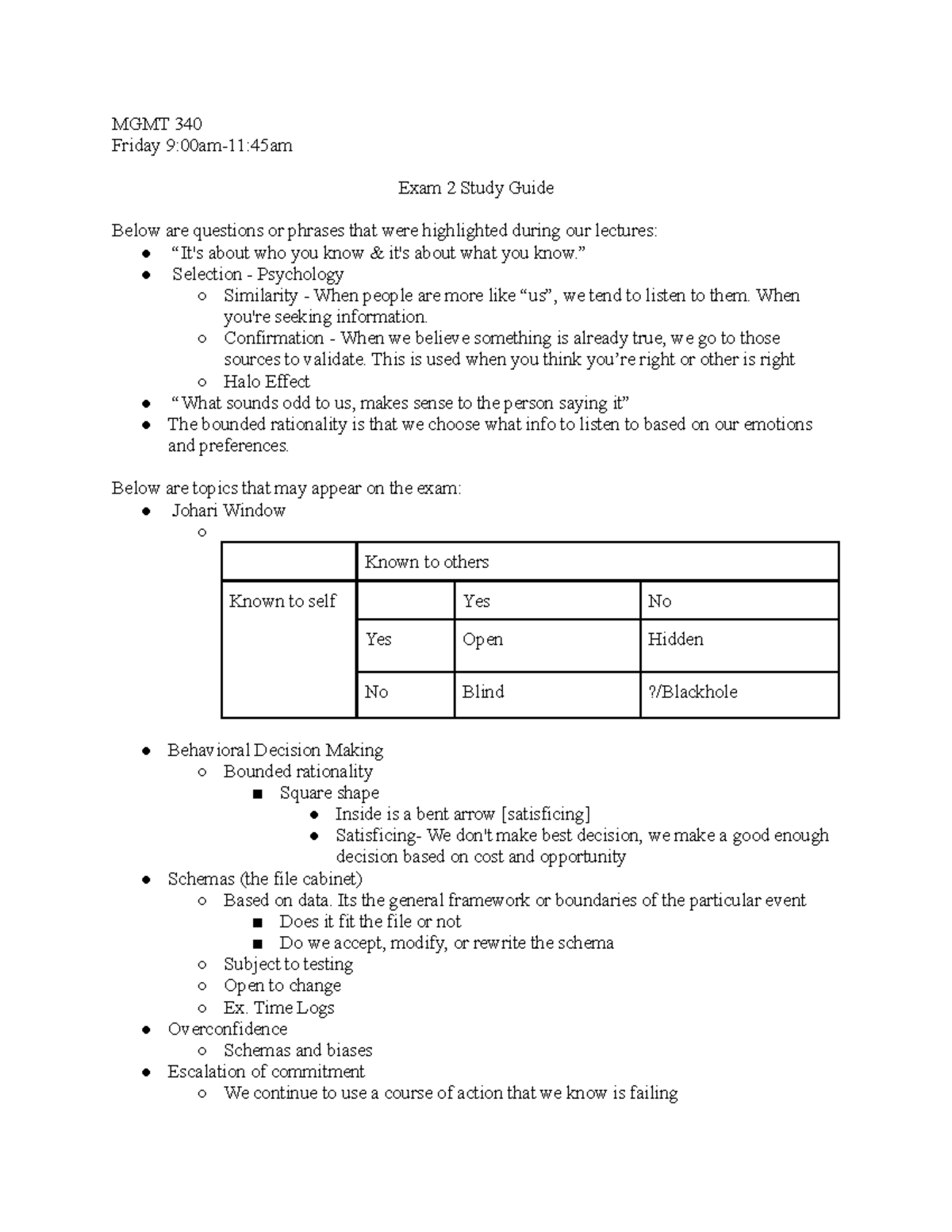 MGMT 340 Study Guide For Exam 2 - MGMT 340 Friday 9:00am-11:45am Exam 2 ...