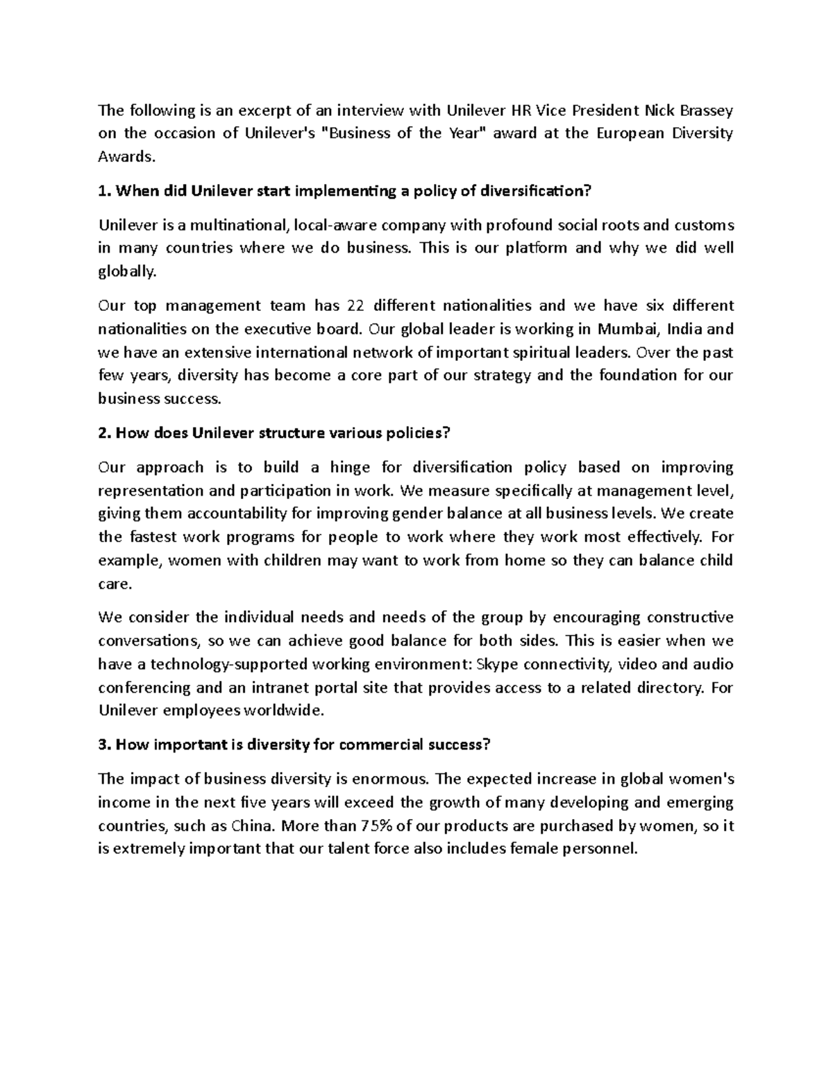 Unilever's business operation - The following is an excerpt of an ...