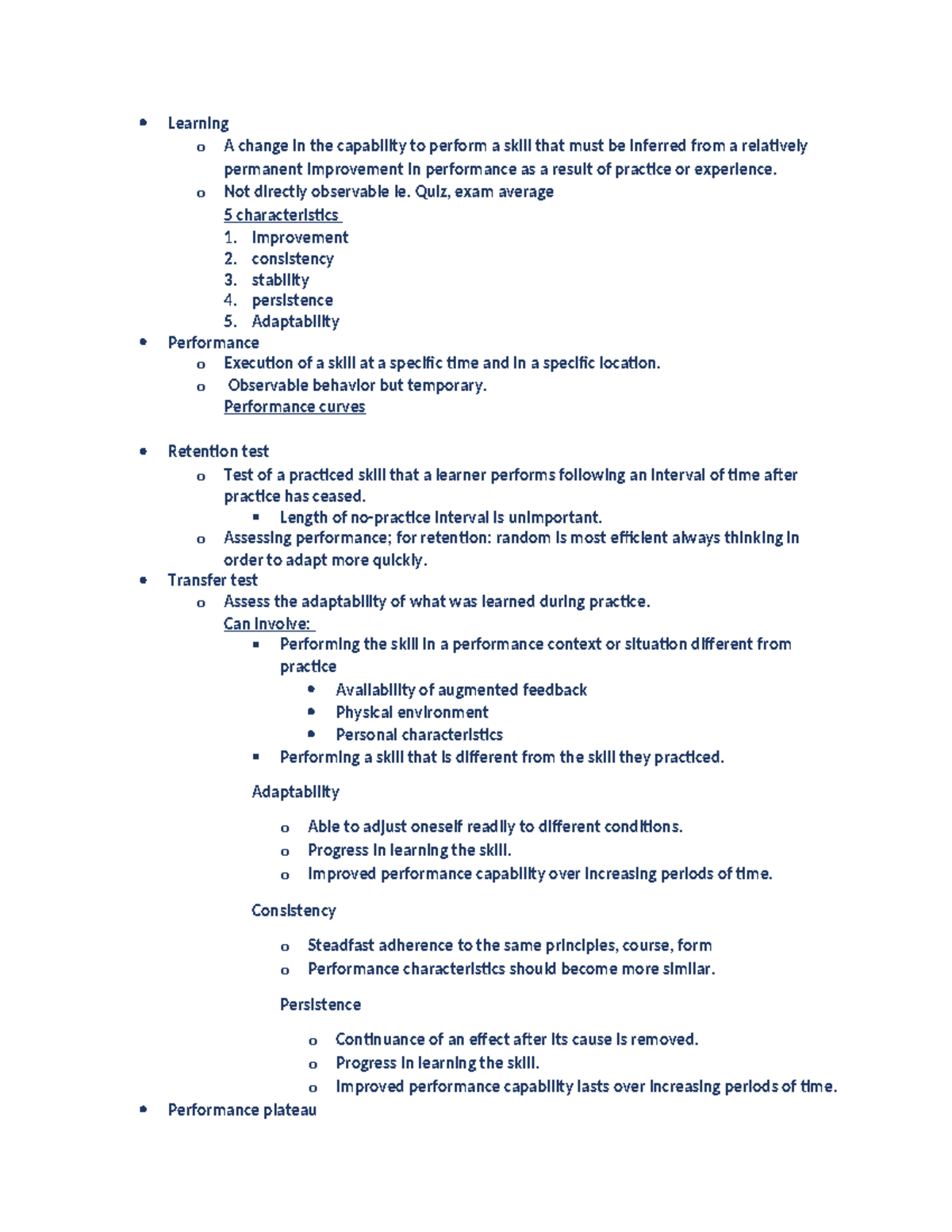 Final exam review - gives info on material - Learning o A change in the ...