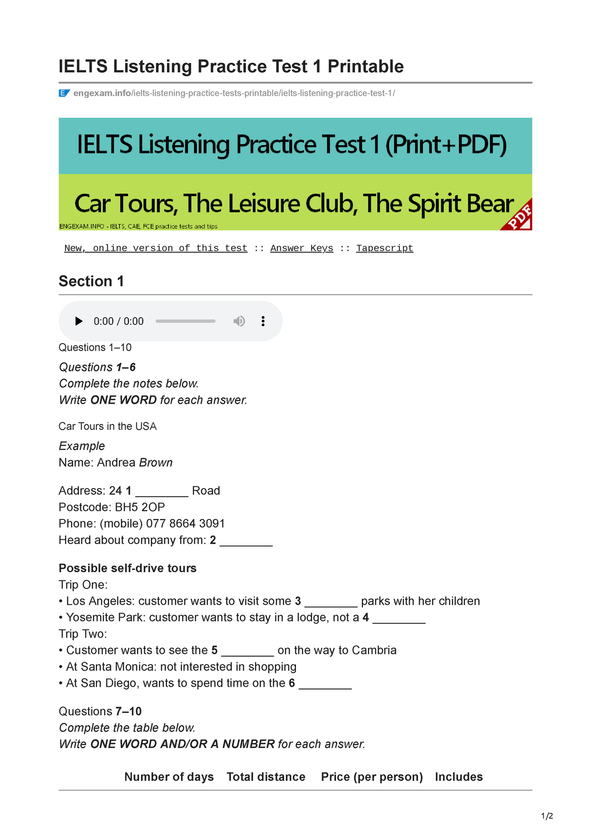 Engexam.info- Ielts Listening Practice Test 1 Printable - 1/ IELTS ...