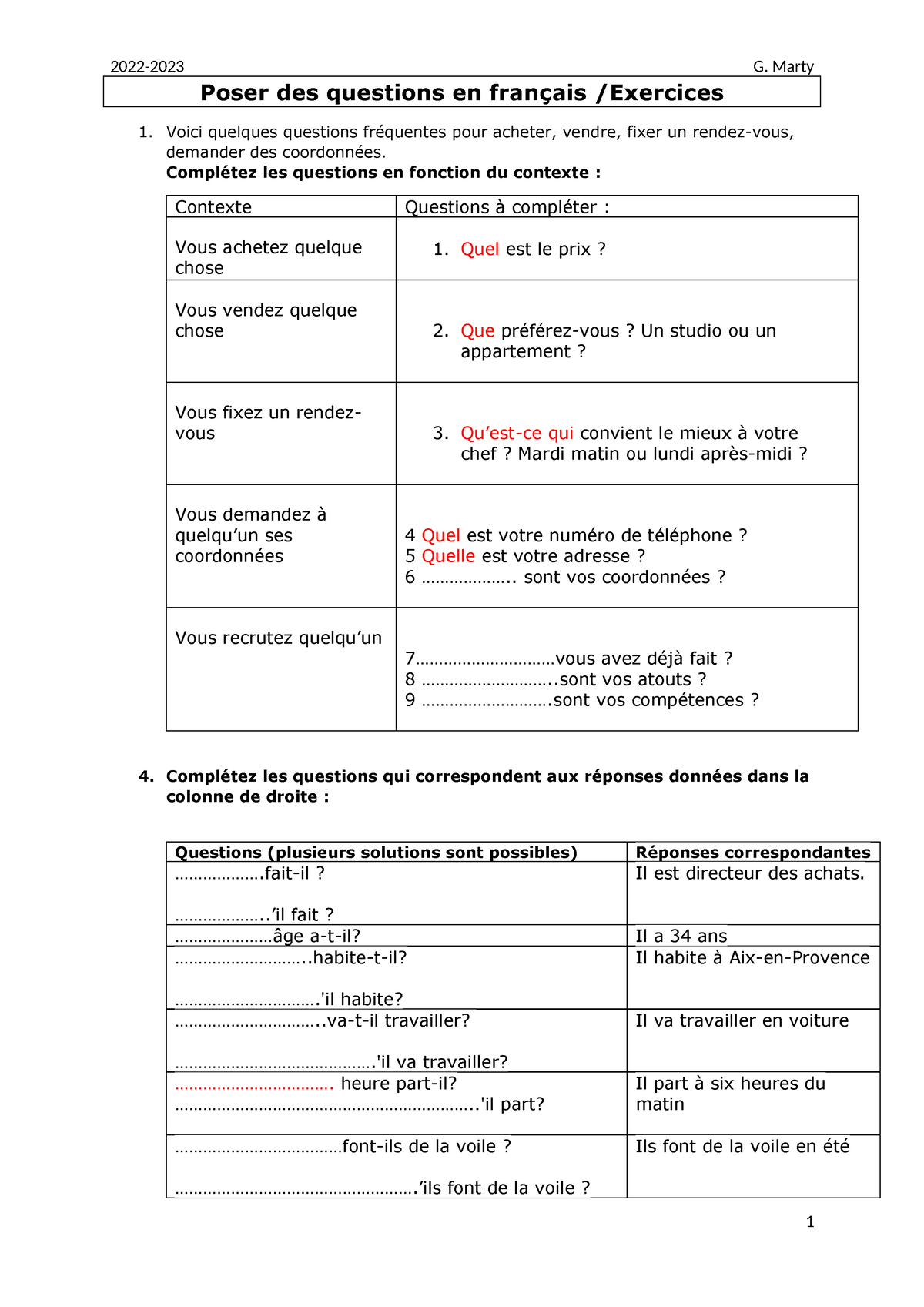 Poser Des Questions En Français Exercices - 2022-2023 G. Marty Poser ...