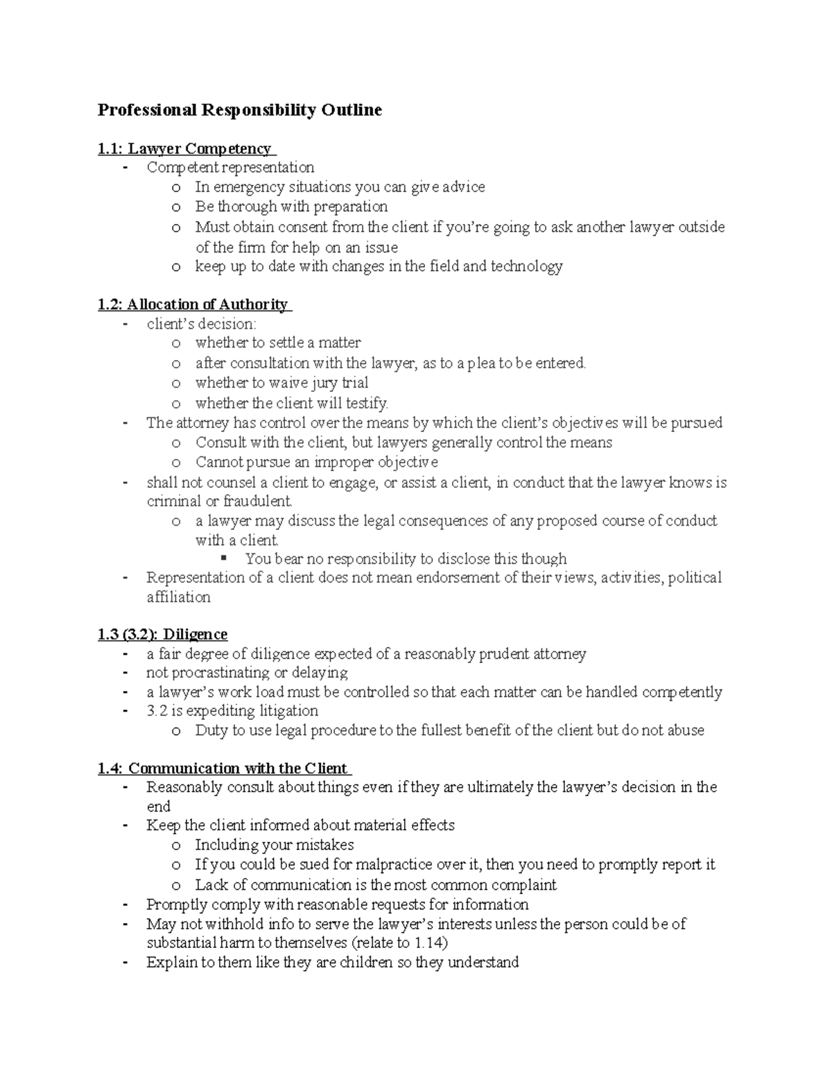 PR Outline Summary of the model rules of professional conduct Professional Responsibility