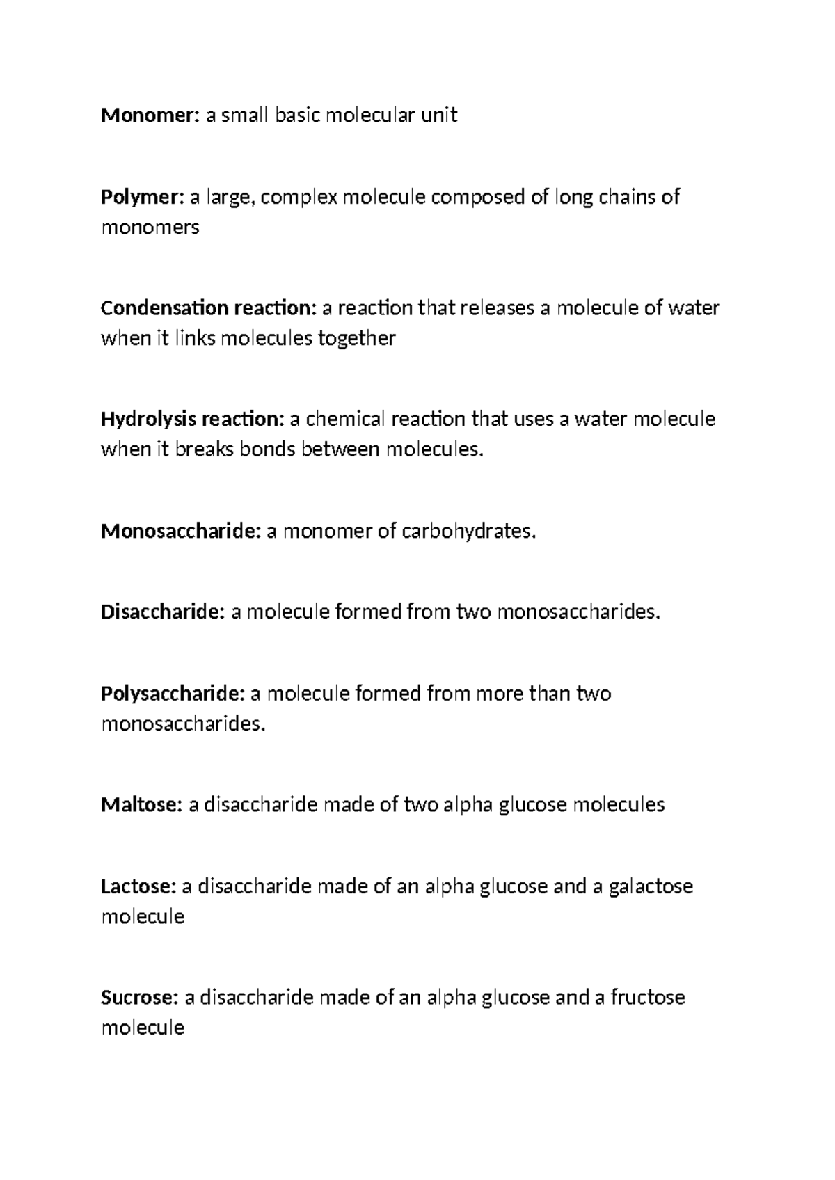 Vocabulary- week 1 - good luck. - Monomer: a small basic molecular unit ...