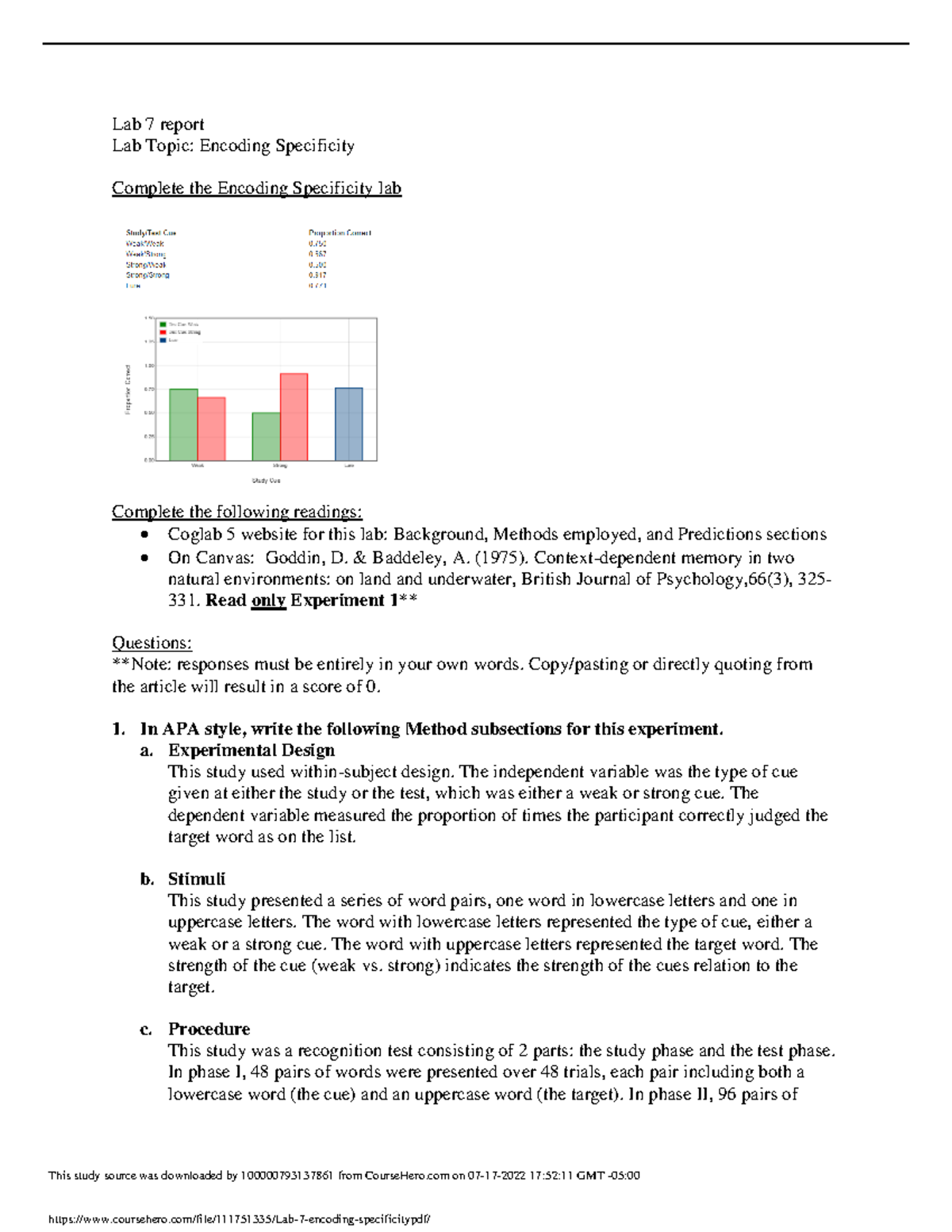 Psych 3340 Lab 7 Encoding Specificity Lab 7 Report Lab Topic