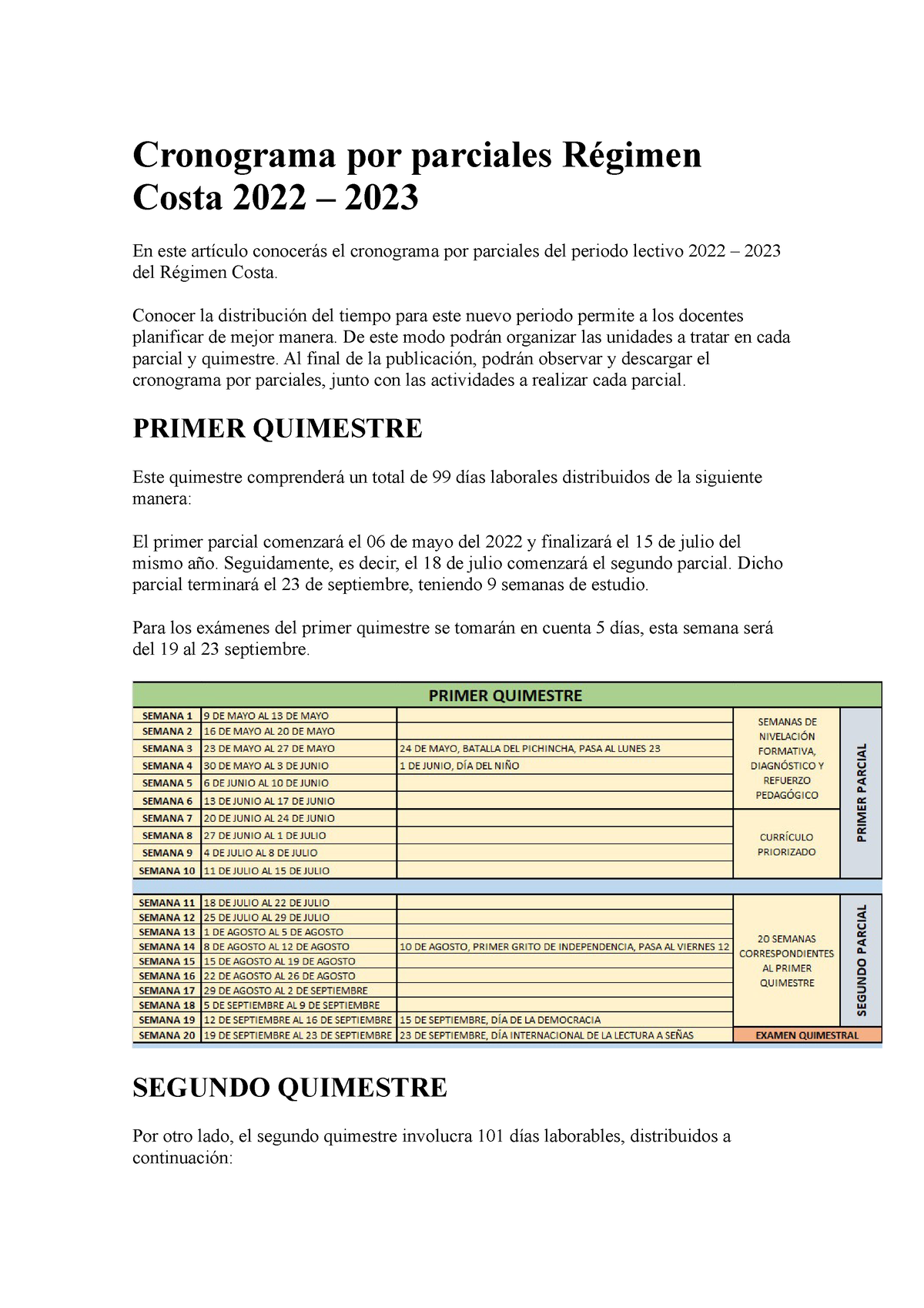 Evaluación correspondiente al 1er quimestre 1er parcial 2do