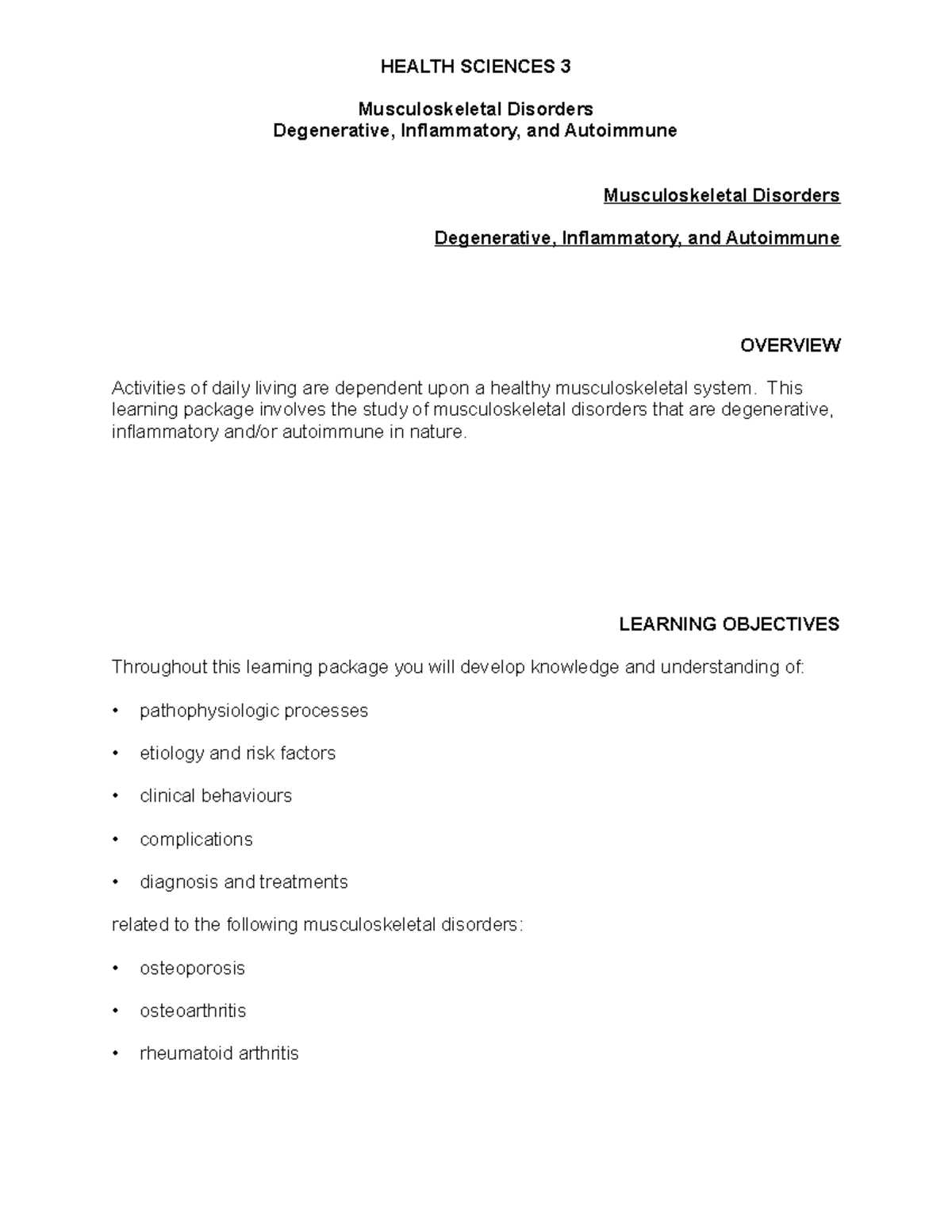 MSK Disorders - test 1 review - Musculoskeletal Disorders Degenerative ...