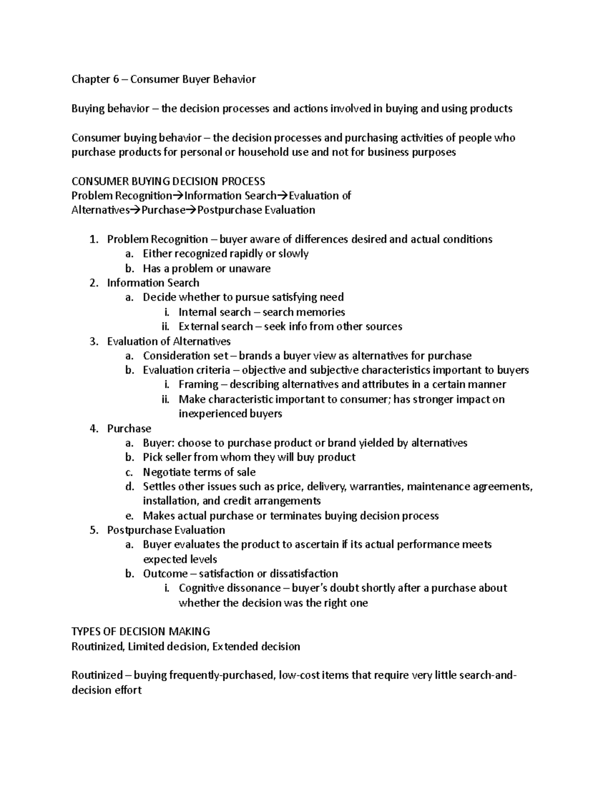 MKT 300 Exam 2 Study Sheet - Chapter 6 – Consumer Buyer Behavior Buying ...