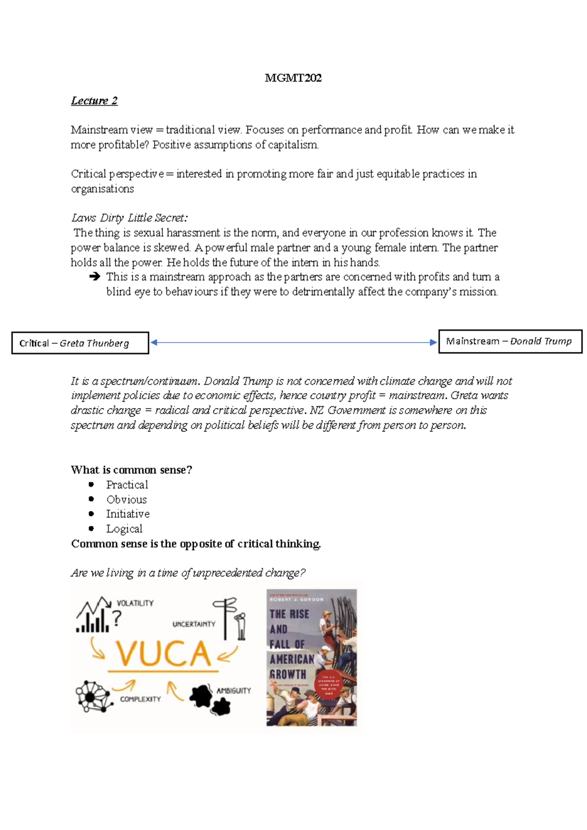 MGMT202 - Week 1 lecture 2 notes - MGMT Lecture 2 Mainstream view ...