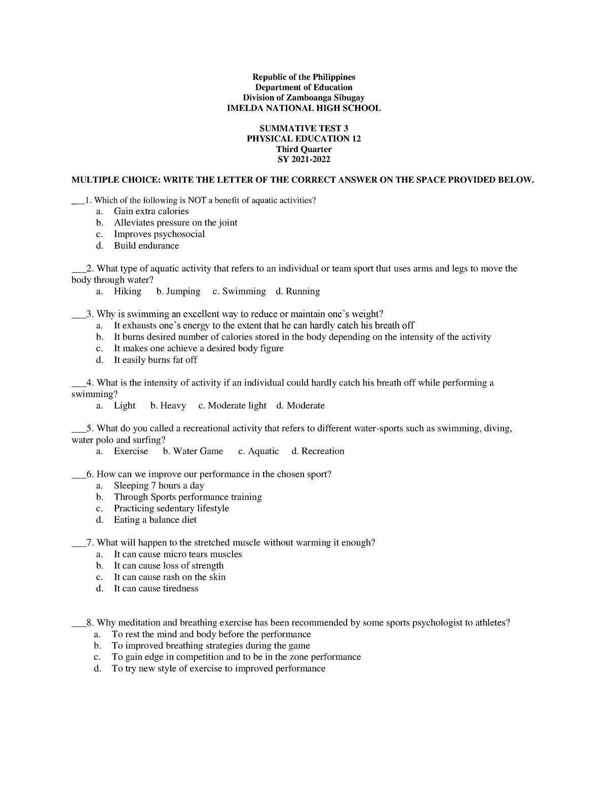 Summative 3 NO Answer KEY - Republic Of The Philippines Department Of ...