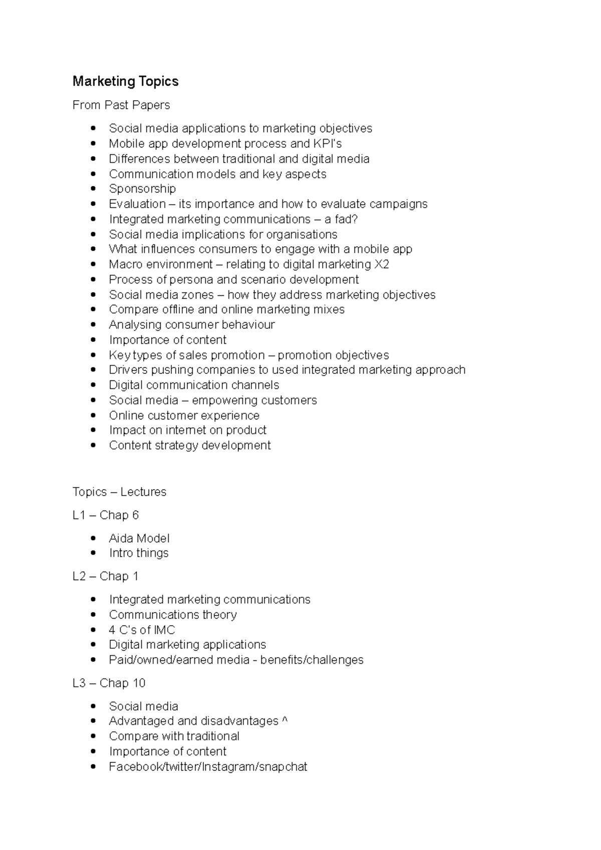 List of Marketing Topics to Revise broken down into book chapters to ...