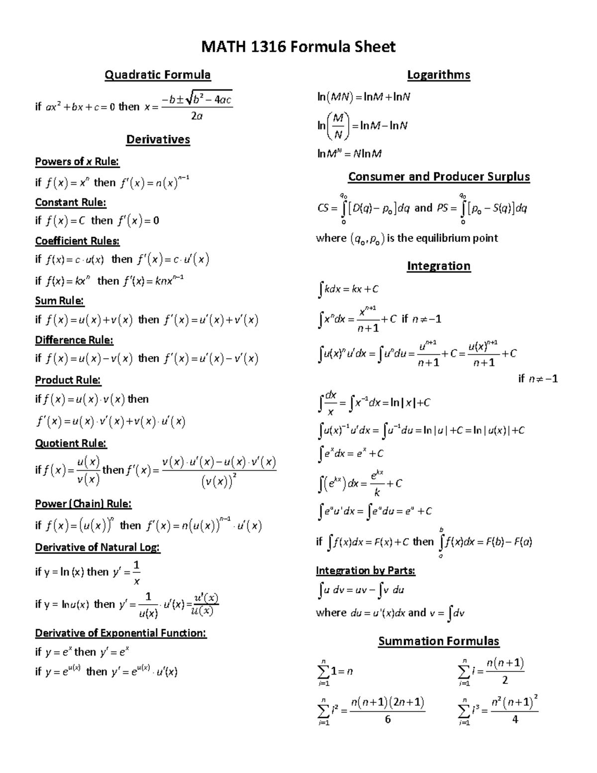 MATH 1316 Formula Sheet - MATH 1316 Formula Sheet Quadratic Formula if ...