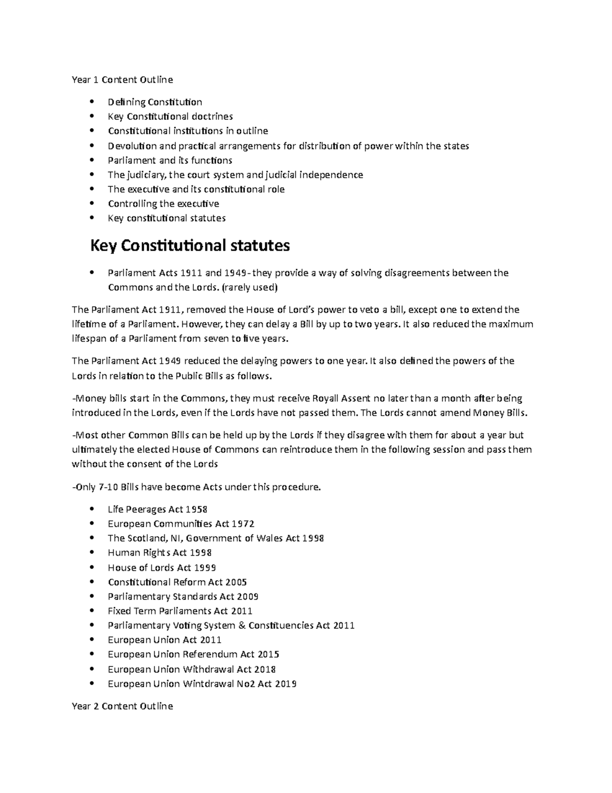 Public Law Notes - Year 1 Content Outline Defining Constitution Key ...
