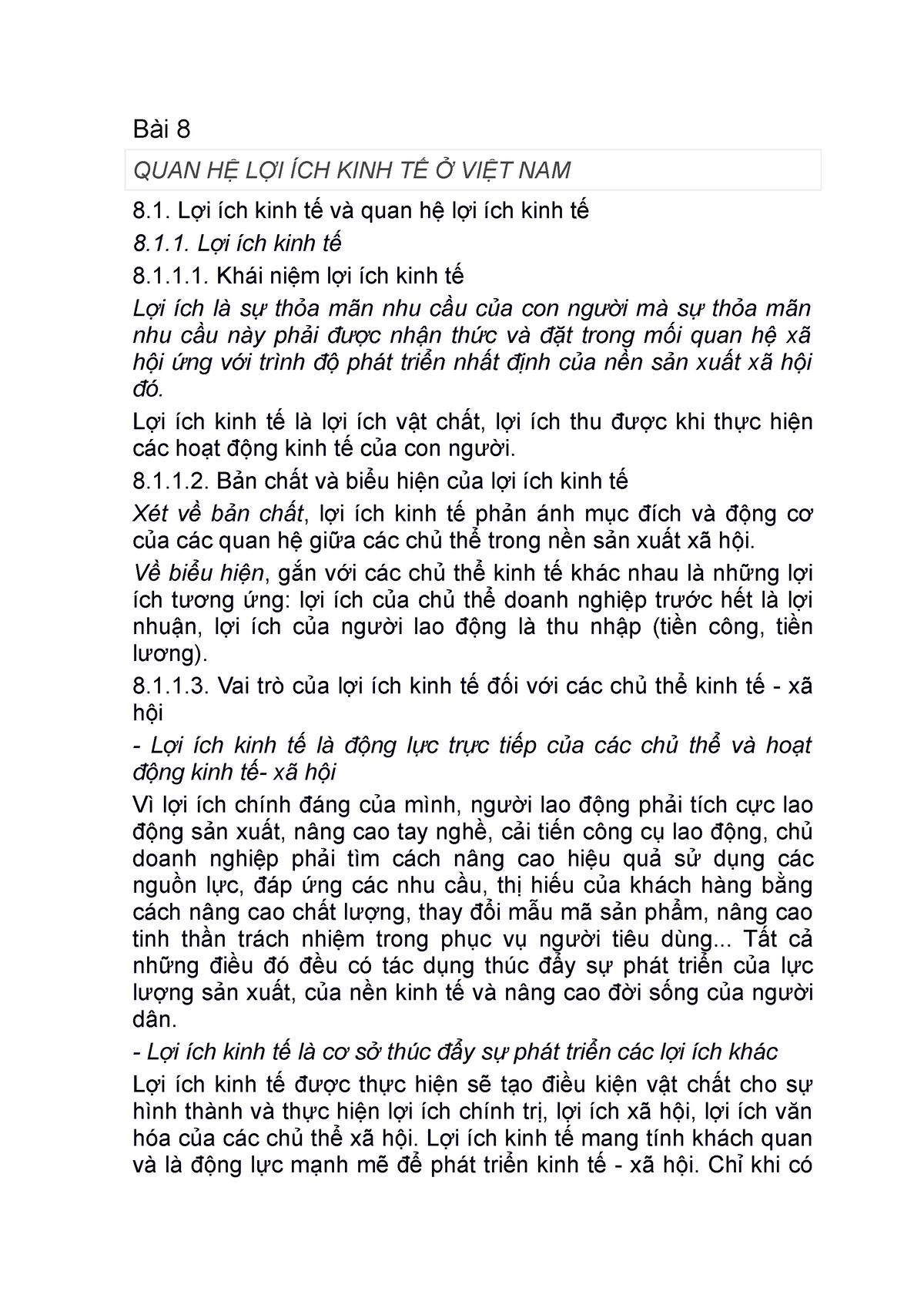 Bài 8-QUAN HỆ LỢI ÍCH KINH TẾ - Bài 8 QUAN HỆ LỢI ÍCH KINH TẾ Ở VIỆT NAM Lợi ích kinh tế và quan hệ - Studocu