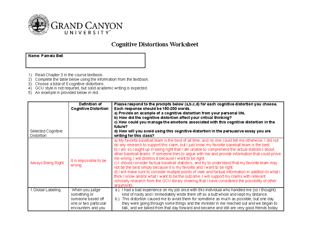 PHI105.T3 Cognitive Distortions Worksheet - Cognitive Distortions ...