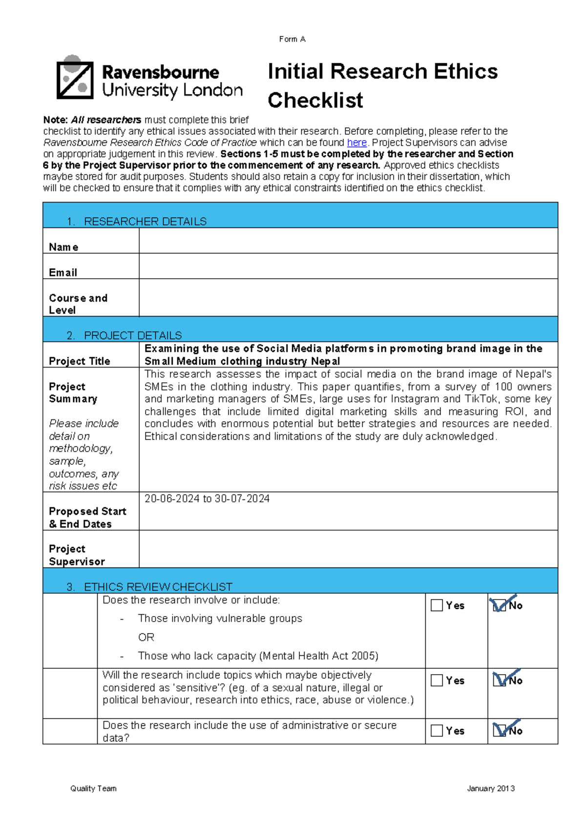 EC130103 - Initial Research Ethics Checklist (FORM A) - Form A Note ...