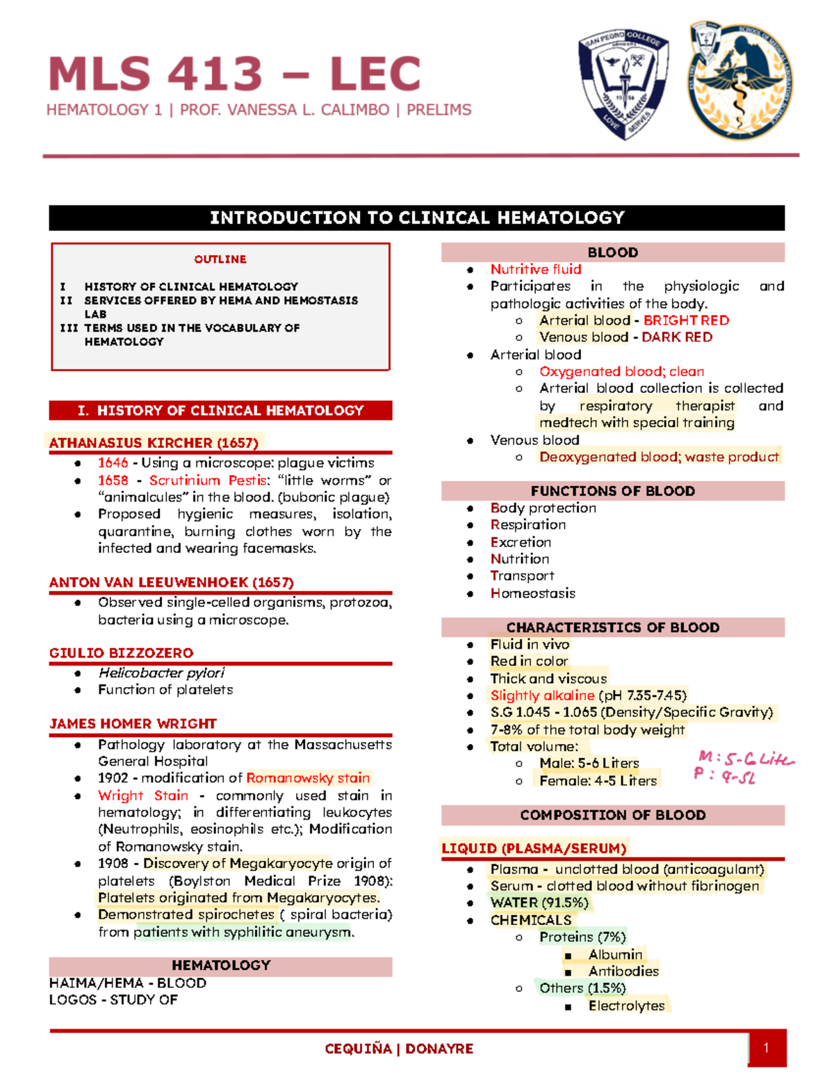 MLS413 - LEC - Hema - INTRODUCTION TO CLINICAL HEMATOLOGY OUTLINE I ...