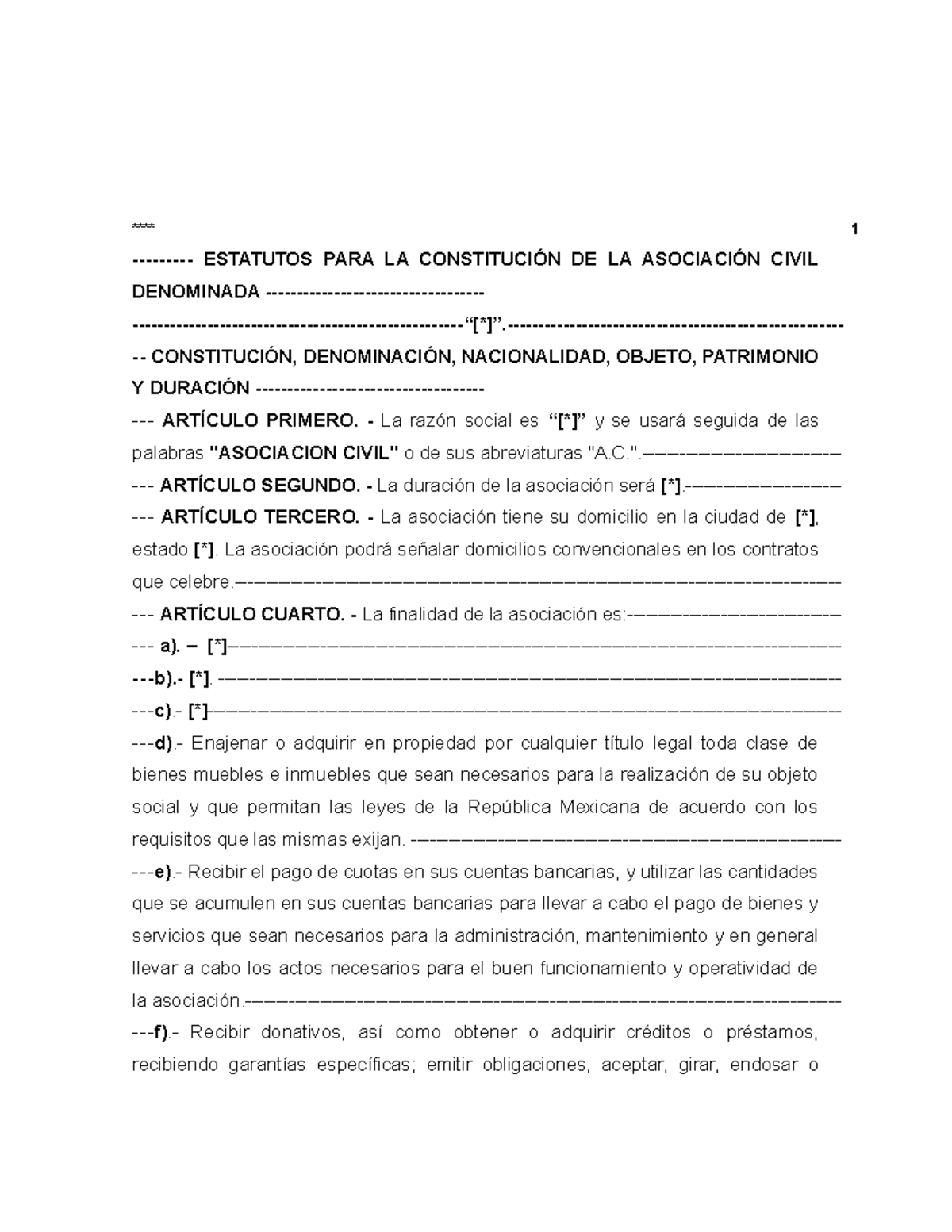 Machote De Contrato De Asociación Civil - ESTATUTOS PARA LA ...