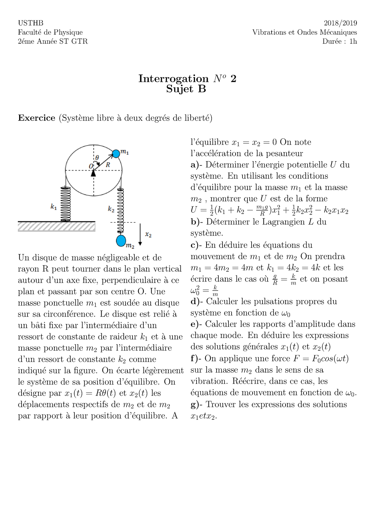 TD Vibration Et Ondes De Physique 6 - USTHB Facult ́e De Physique 2 ...