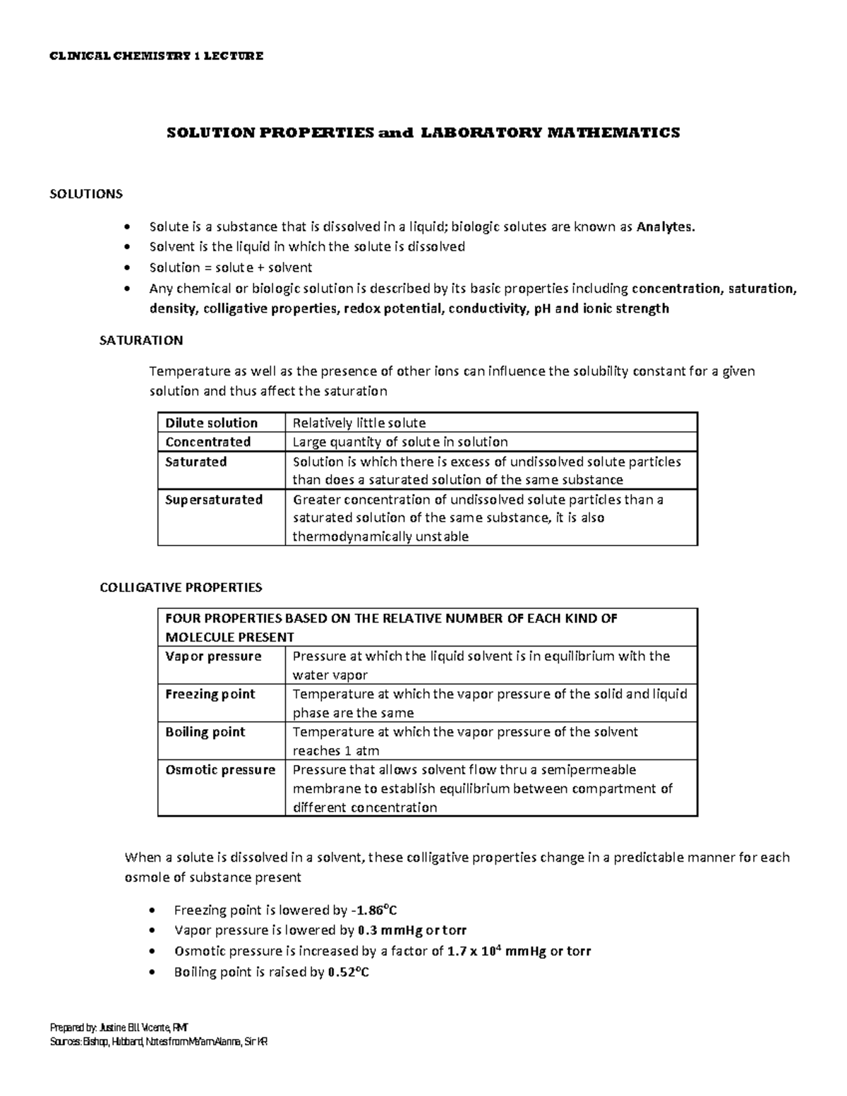 Solution Properties and Laboratory Mathematics - Prepared by: Justine ...