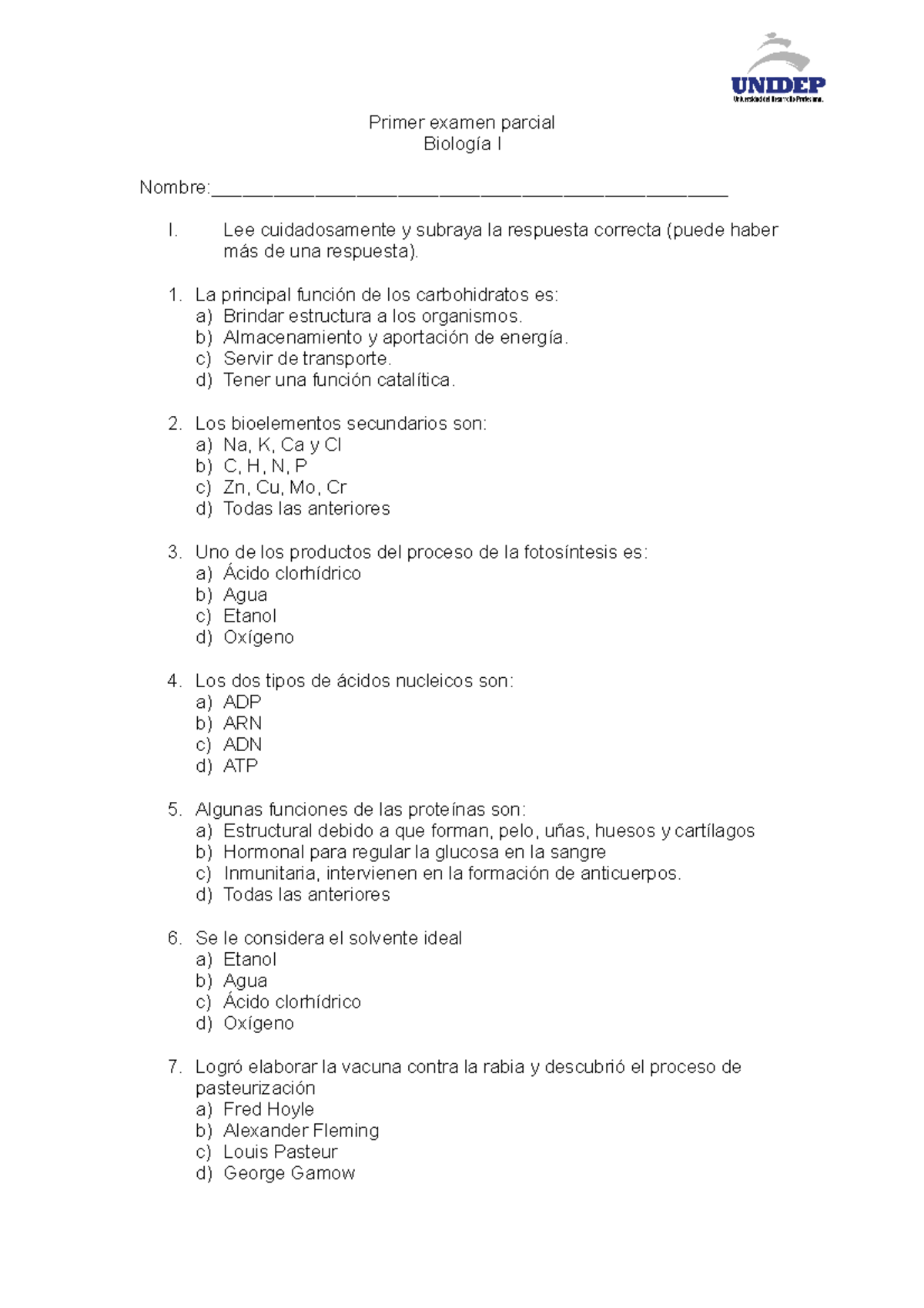 1er Examen Parcial - Exámenes De Biología - Primer Examen Parcial ...