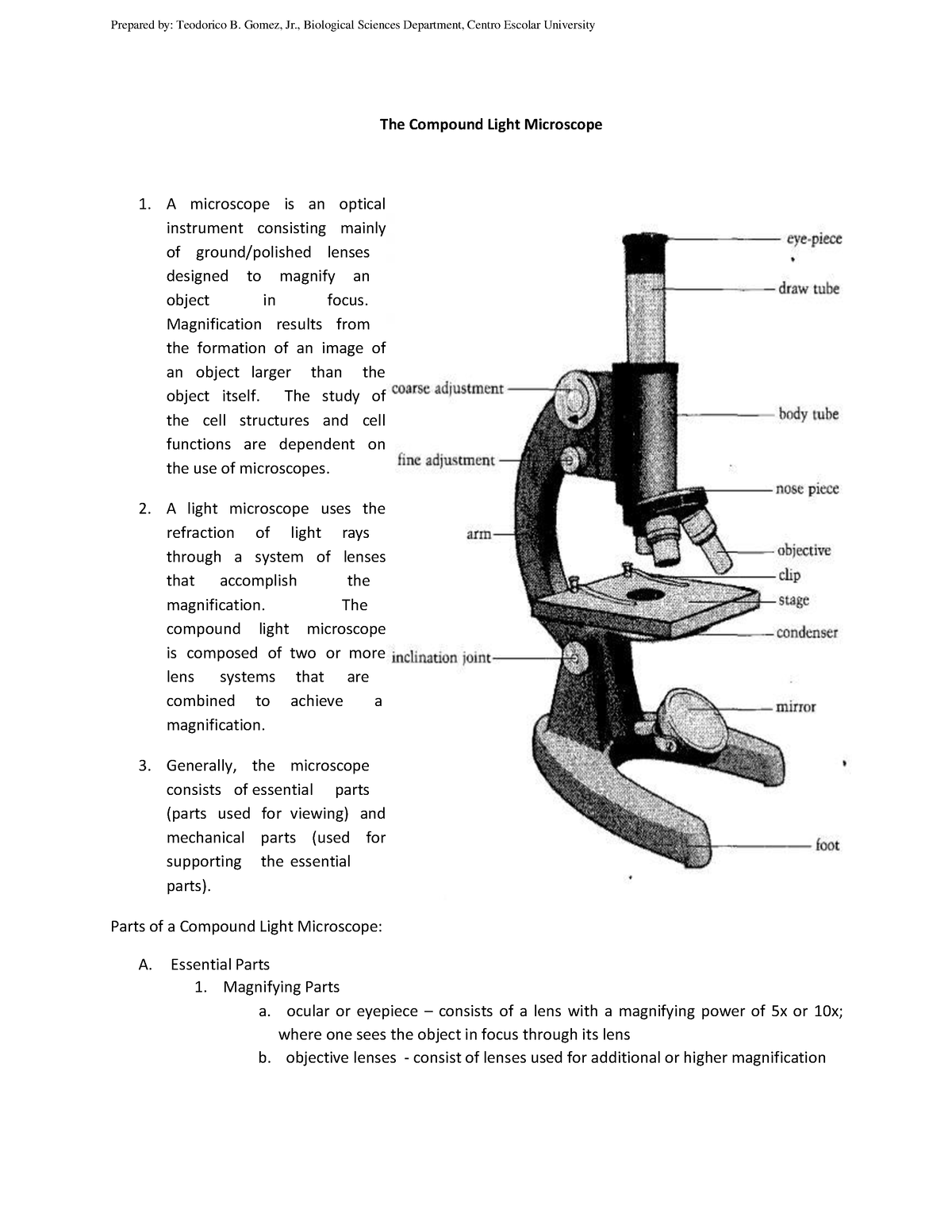 Parts Functions Of A Compound Light Microscope Prepared By