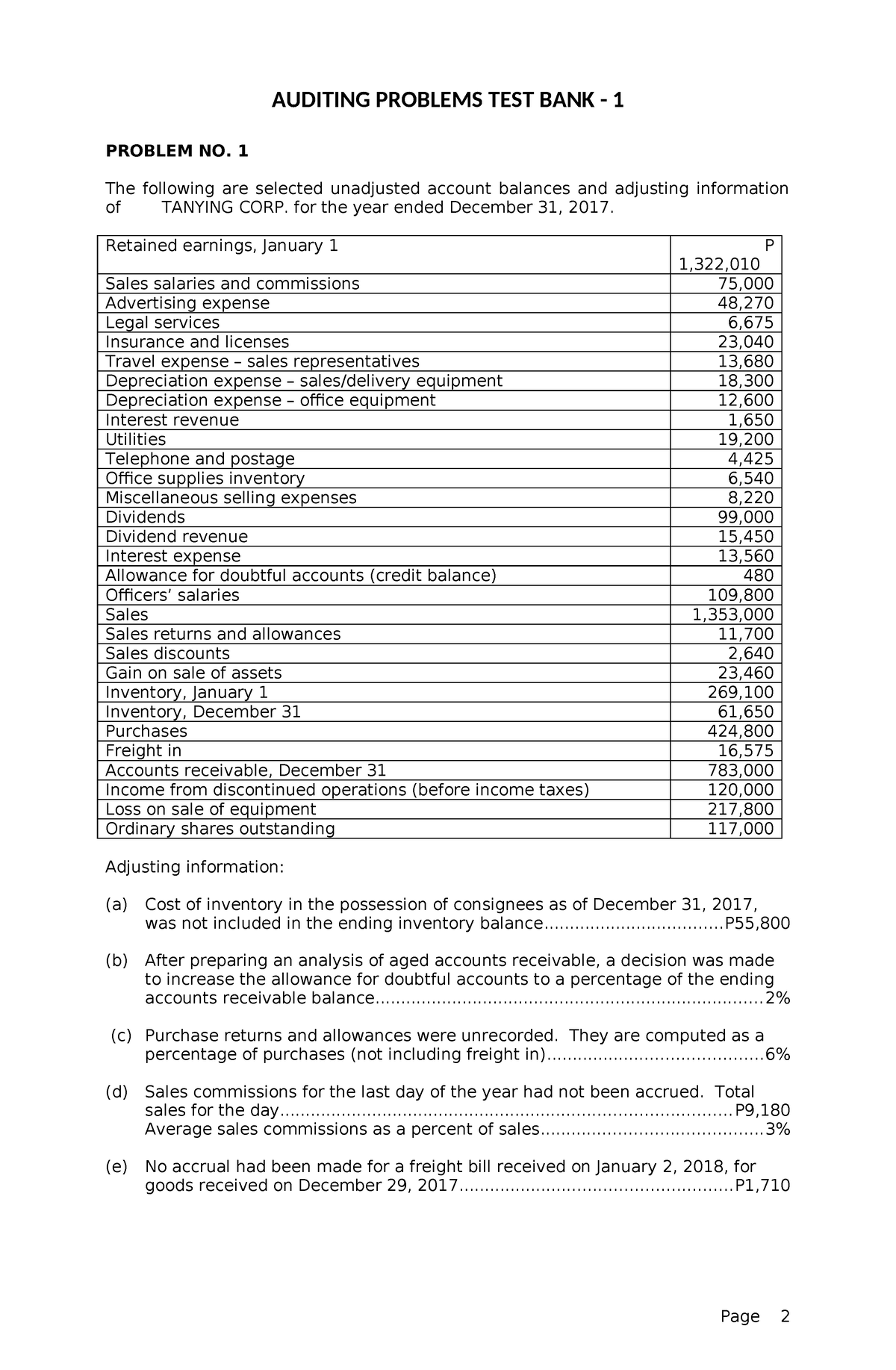 Auditing Problem Test B A Nk 1 - AUDITING PROBLEMS TEST BANK - 1 ...