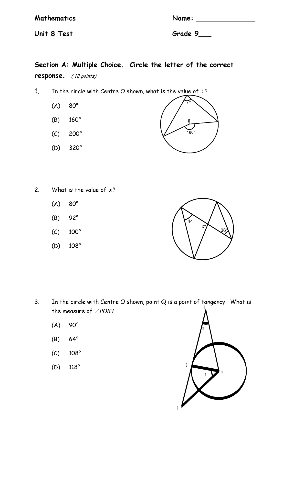 Math9 u8 sampletest - Research - Q 26° R O P 54° 0 x° 160° Mathematics ...