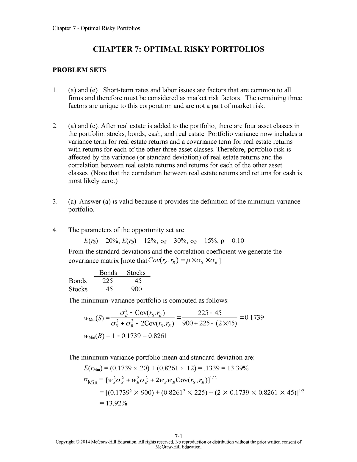 SMChap 007 - CHAPTER 7: OPTIMAL RISKY PORTFOLIOS PROBLEM SETS (a) And ...