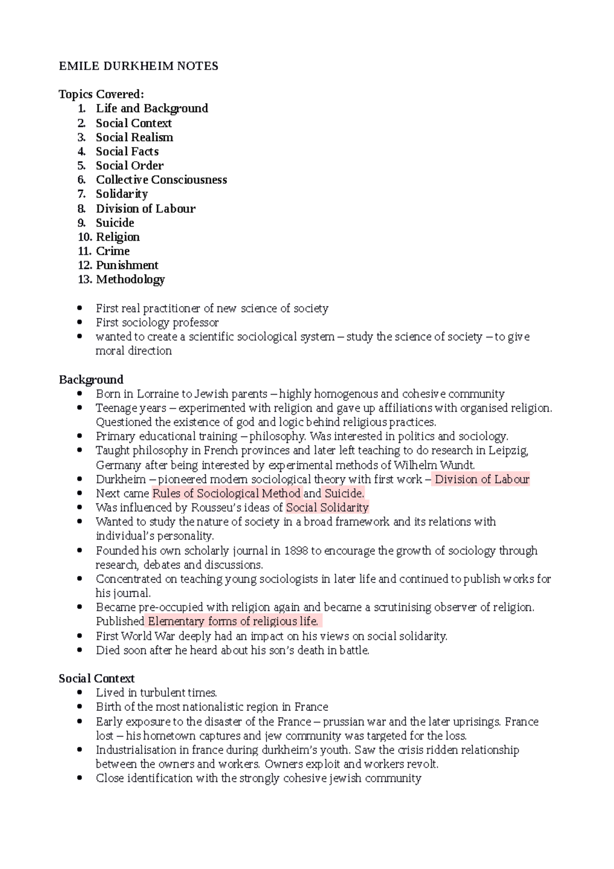 Durkheim Notes - EMILE DURKHEIM NOTES Topics Covered: 1. Life and ...
