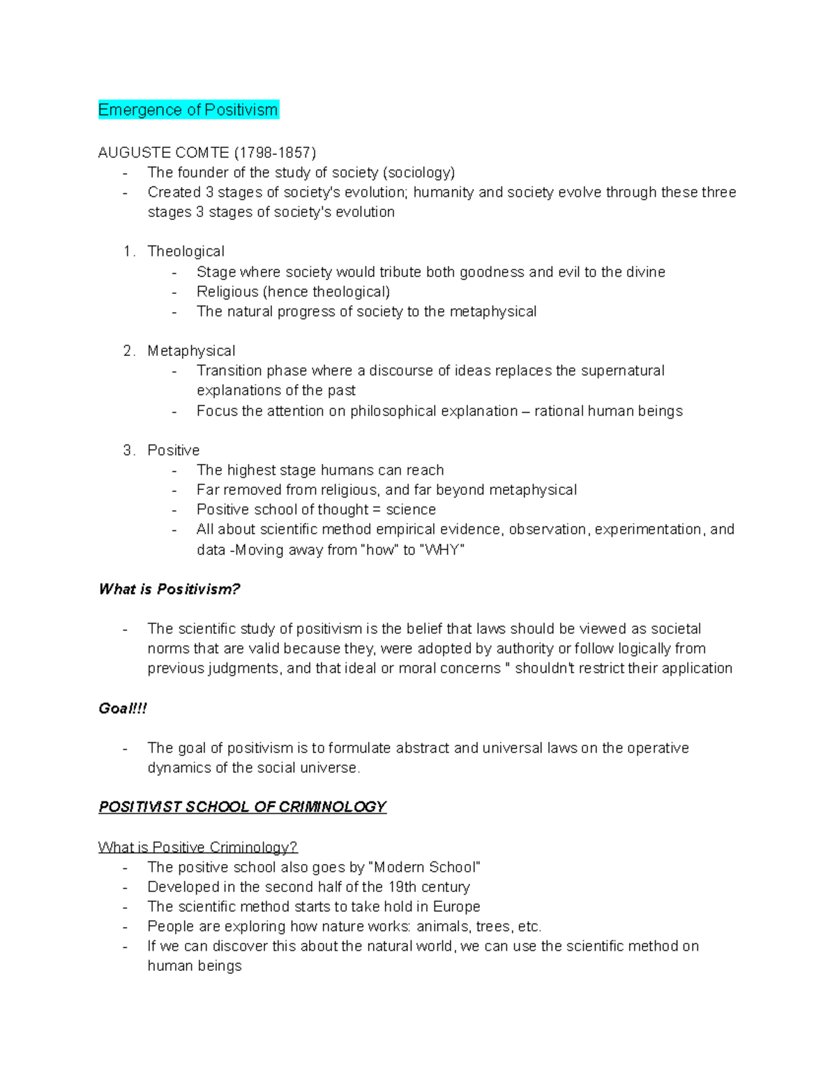 CRM 1301 Final Notes - Emergence of Positivism AUGUSTE COMTE (1798-1857 ...