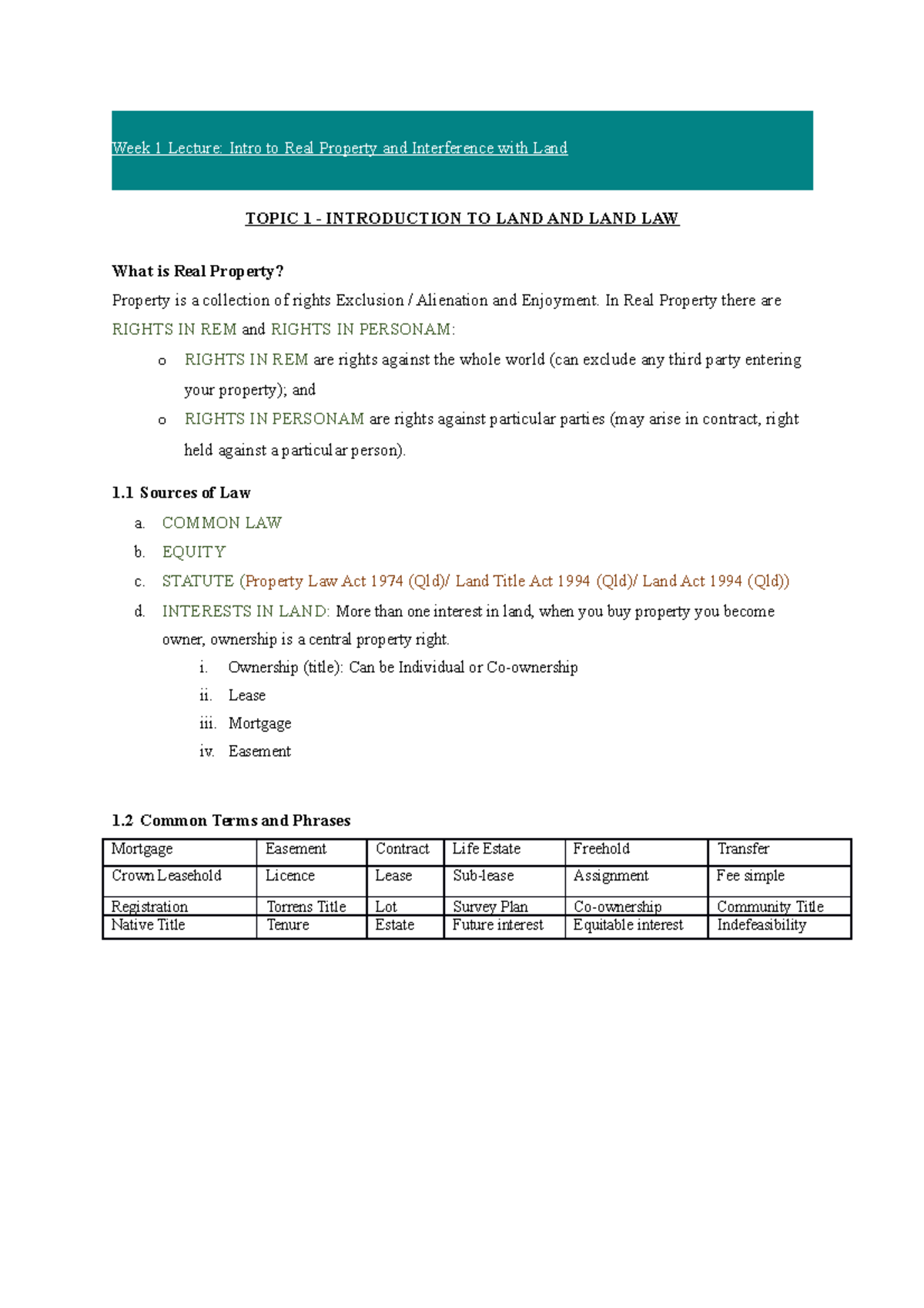 LLB301 - Lecture 1 Exam Notes - Week 1 Lecture: Intro to Real Property ...