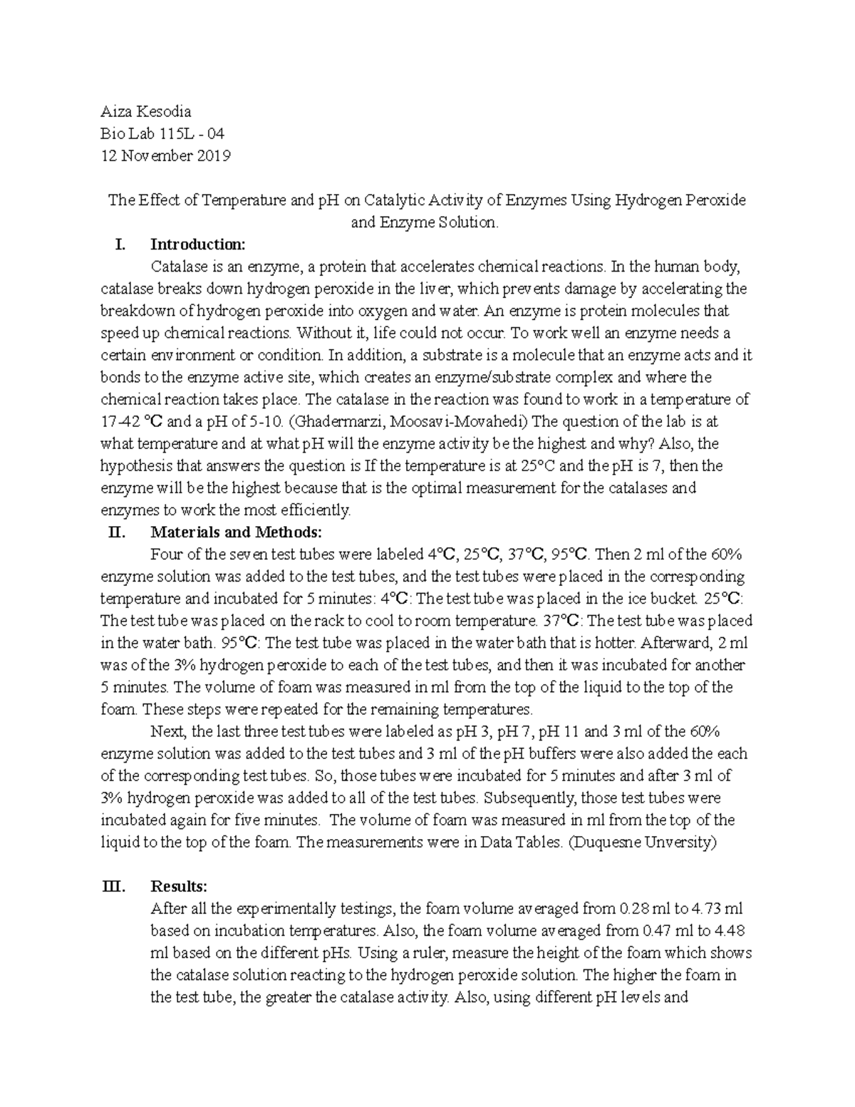 Lab Report on Lab 3 The Effect of Temperature and pH on Catalytic