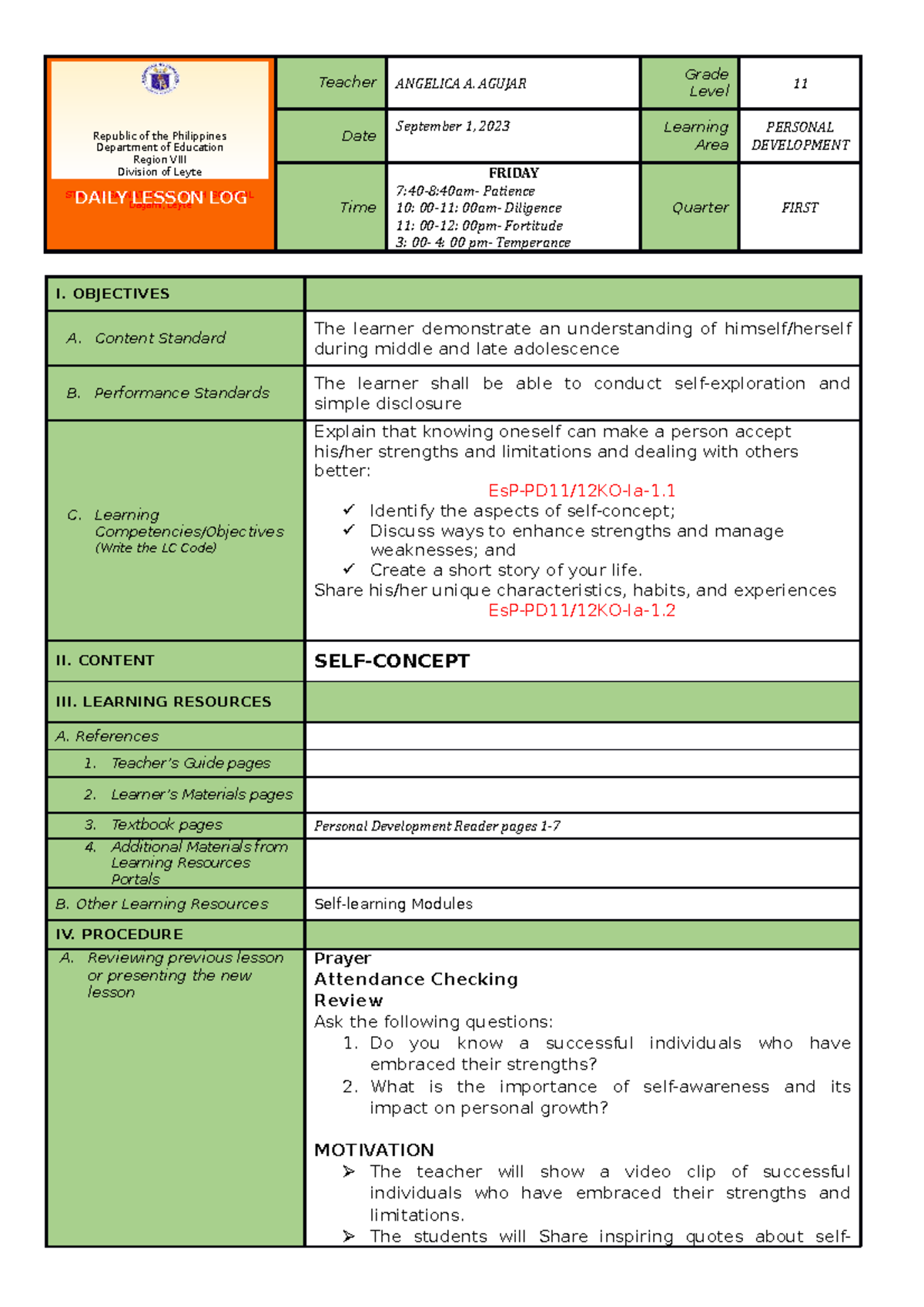 Week 1 - personal development lesson quarter 1 week 1 grade 11 ...