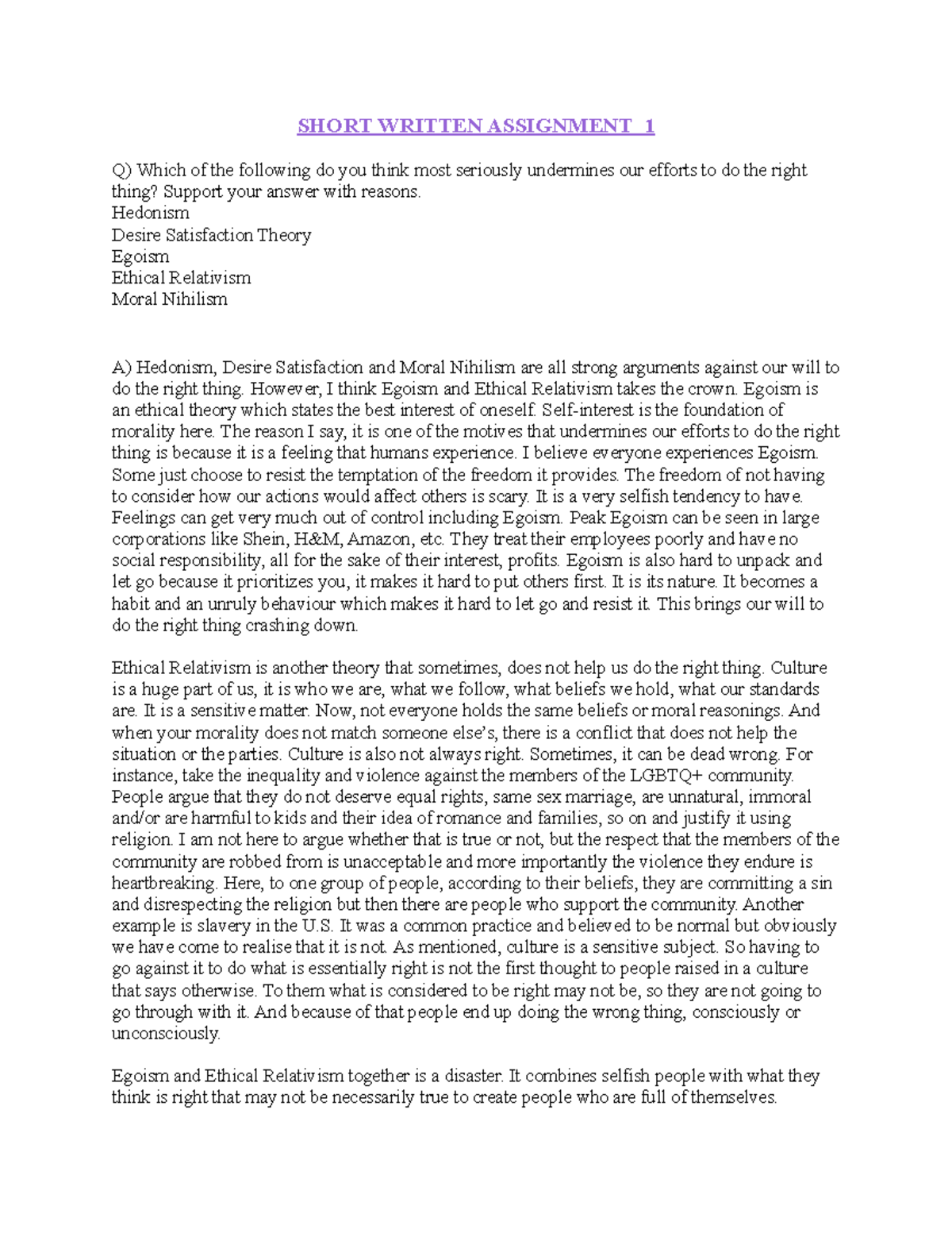 Short Written Assignment edited - SHORT WRITTEN ASSIGNMENT 1 Q) Which ...