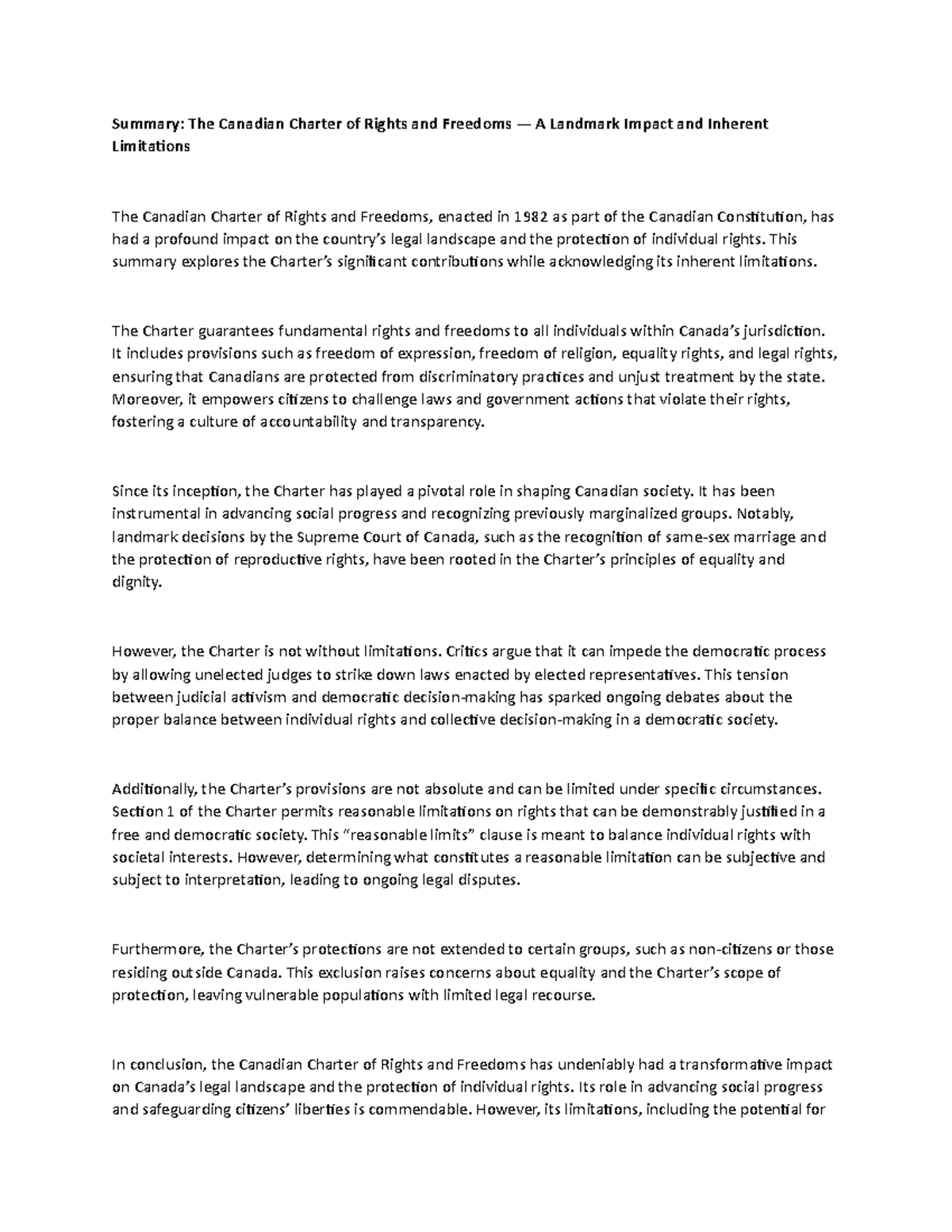 Summary The Canadian Charter of Rights and Freedoms — A Landmark
