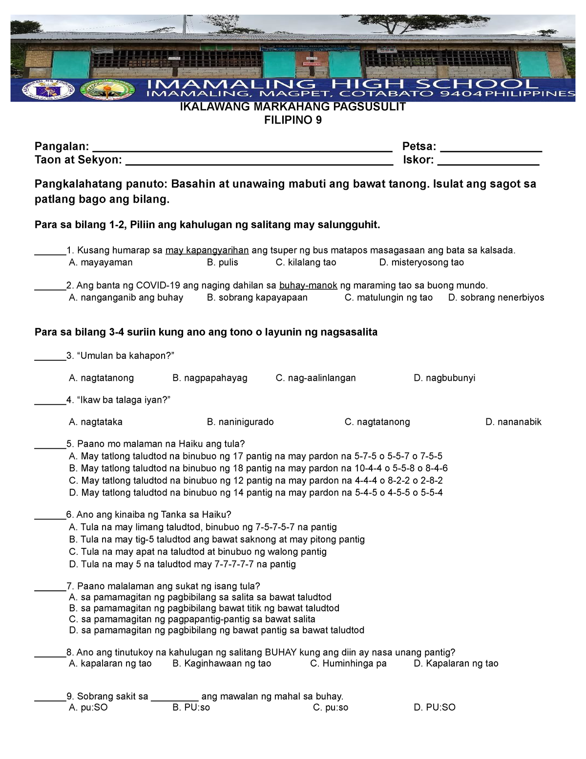 Final Exam Filipino 9 2nd Quarter - IKALAWANG MARKAHANG PAGSUSULIT ...