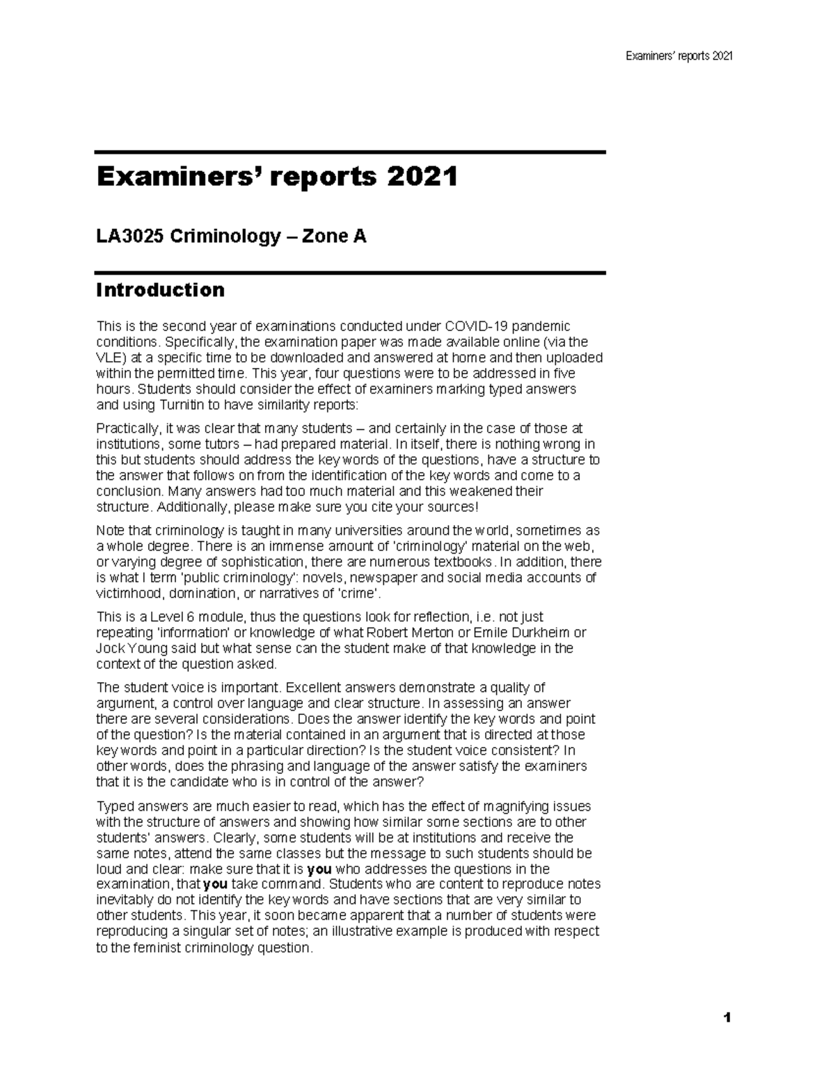 Criminology report 2021 A Examiners’ reports 2021 Examiners’ reports 2021 LA3025 Criminology