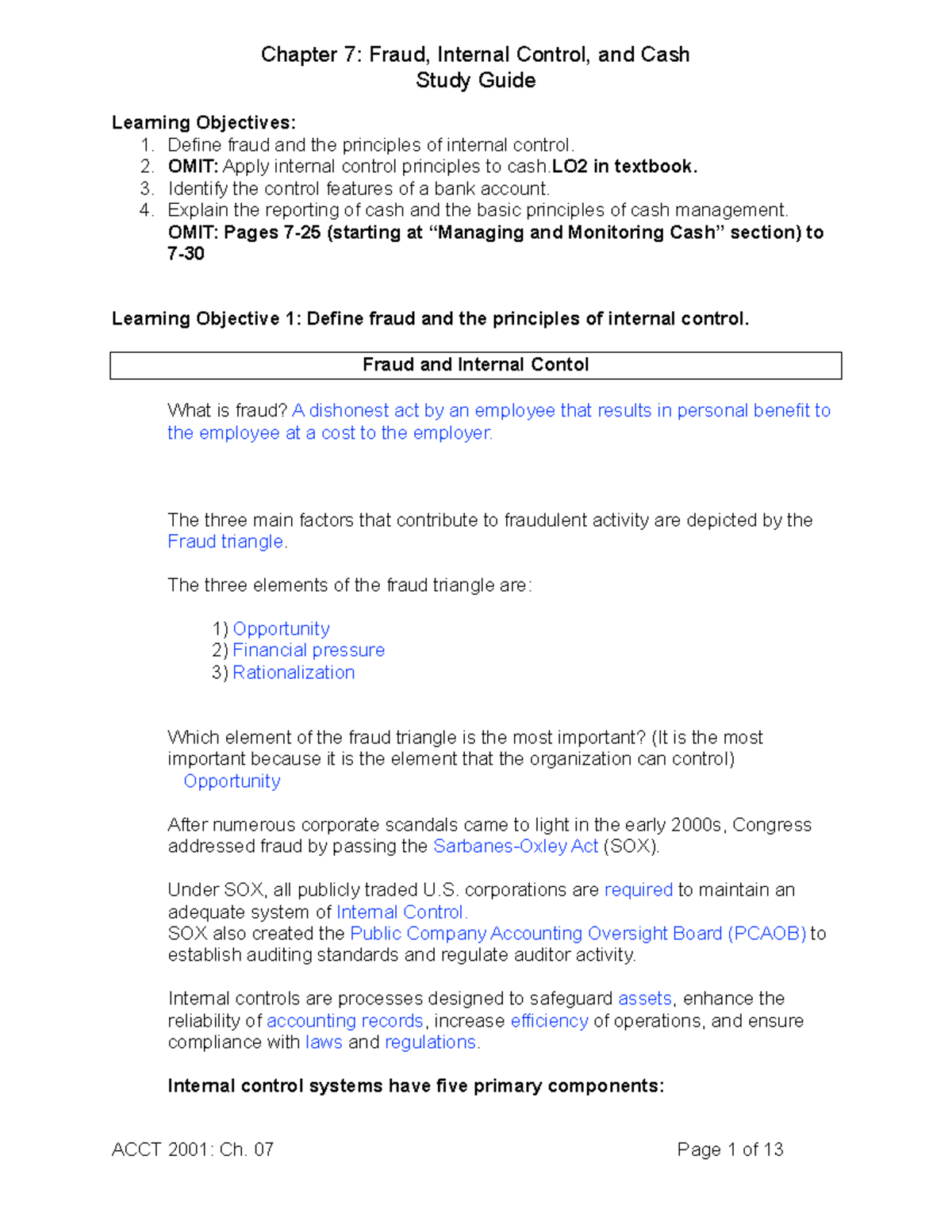 9e Chapter 7 Study Guide - Chapter 7: Fraud, Internal Control, And Cash ...