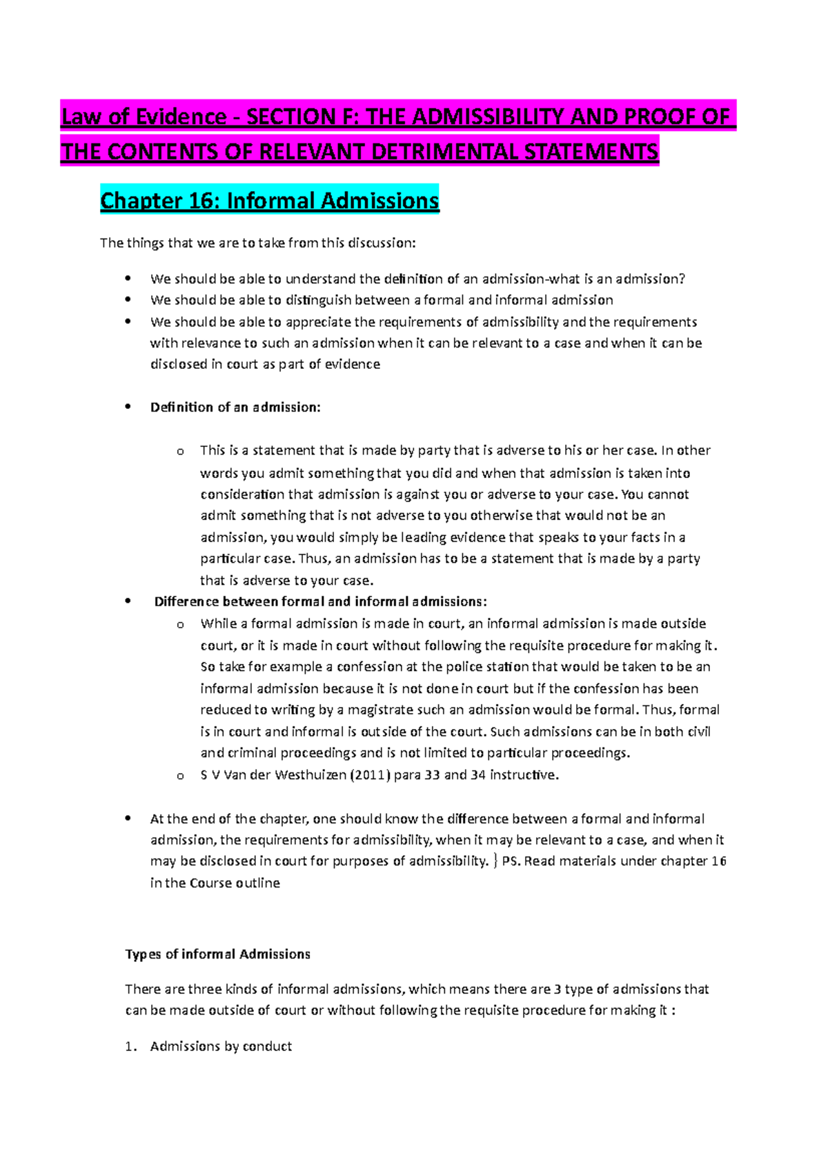 Chapter 16-25 Transcript - Law of Evidence - SECTION F: THE ...
