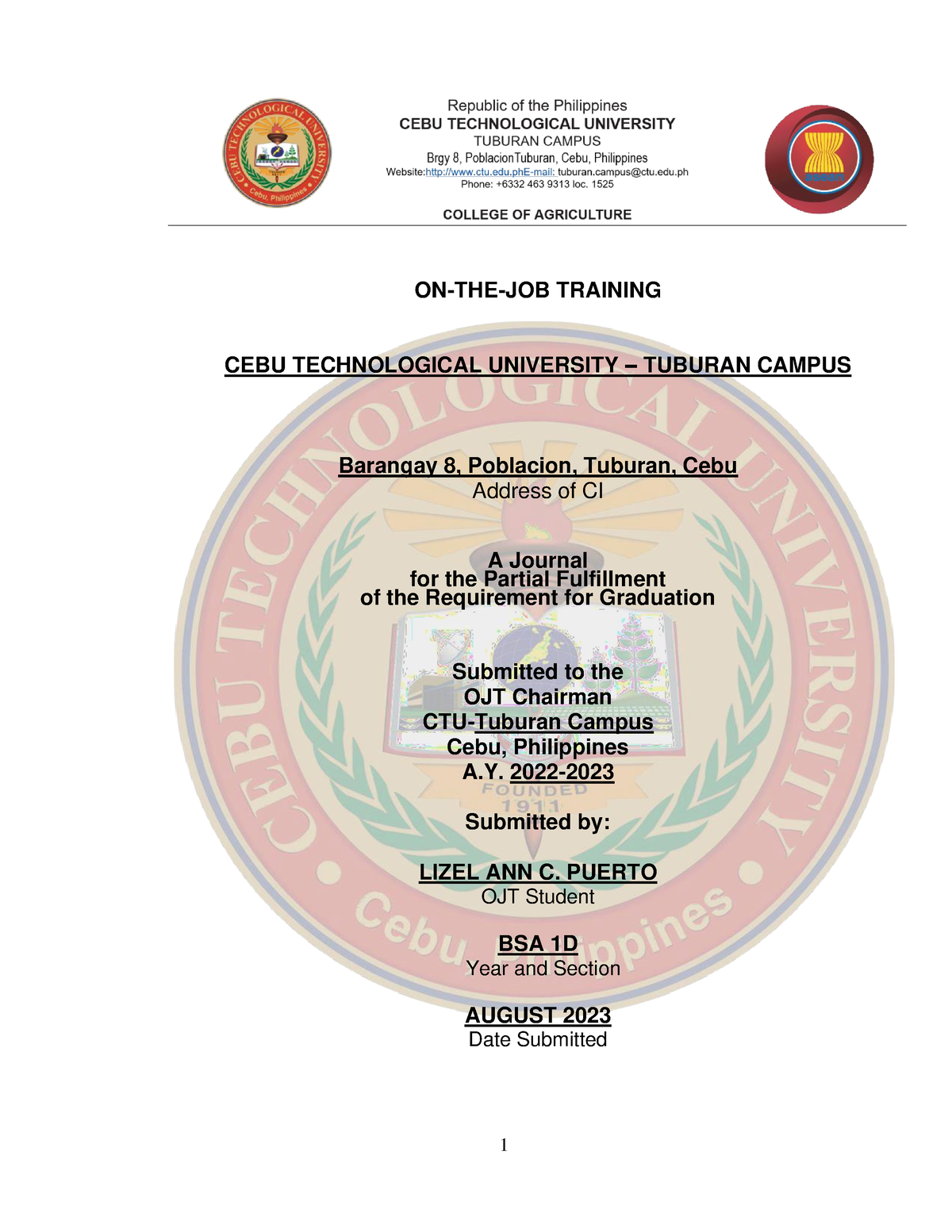 Lizel ANN Journal - ON-THE-JOB TRAINING CEBU TECHNOLOGICAL UNIVERSITY ...