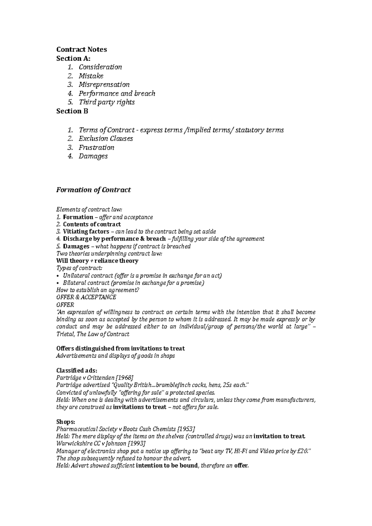 Contract Notes - Contract Notes Section A: 1. Consideration 2. Mistake ...