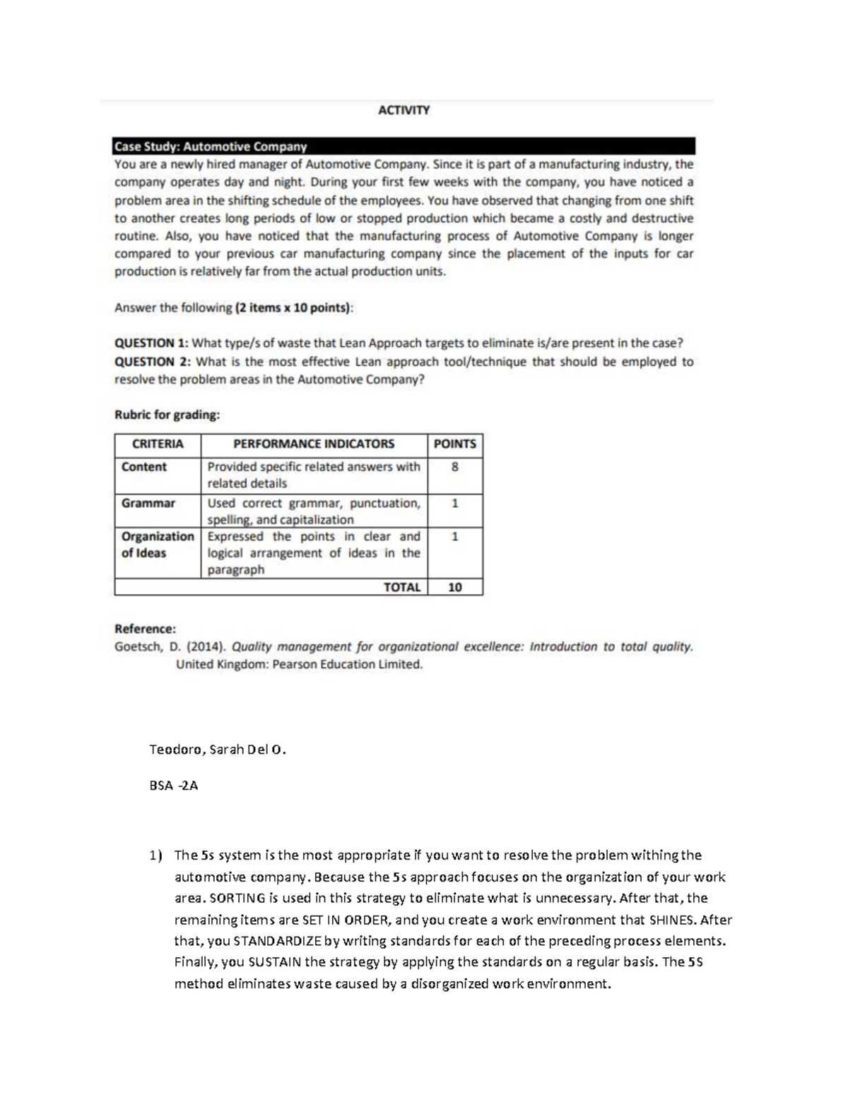 TQM Prefin Quiz 2 - NONE - Teodoro, Sarah Del O. BSA -2A The 5s system ...