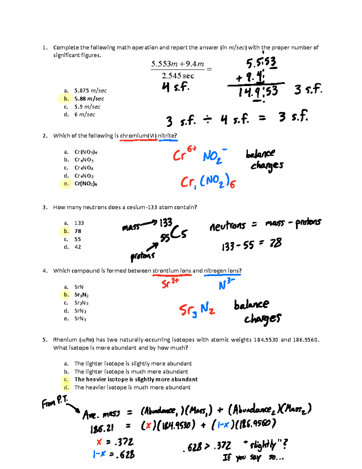 CHEM 1210 - Practice Final Exam v3 - Solutions - Complete the following ...