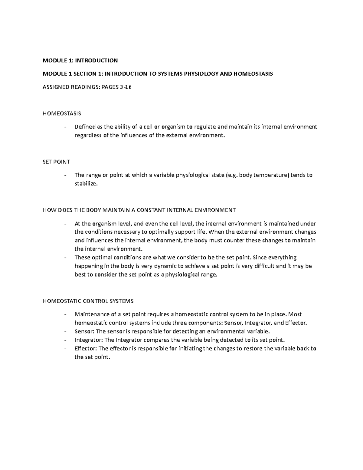 PHGY215 Module 1 Notes - INTRODUCTION TO SYSTEMS PHYSIOLOGY AND ...