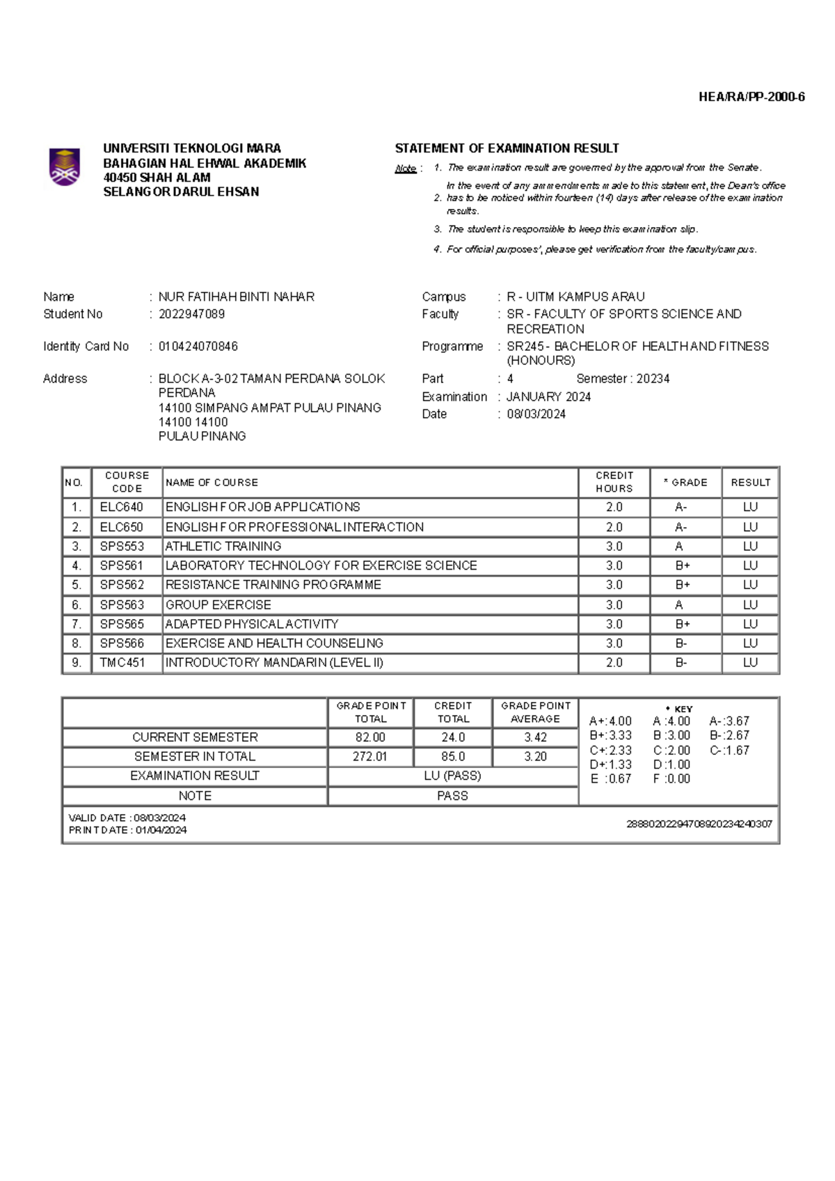 Google - qdvvqvwfvwvd - STATEMENT OF EXAMINATION RESULT Note : 1. The ...