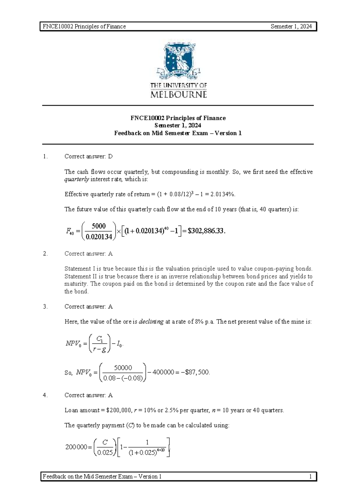 10002 Mid24 Sem1 Ver1 Ans - FNCE10002 Principles of Finance Semester 1 ...